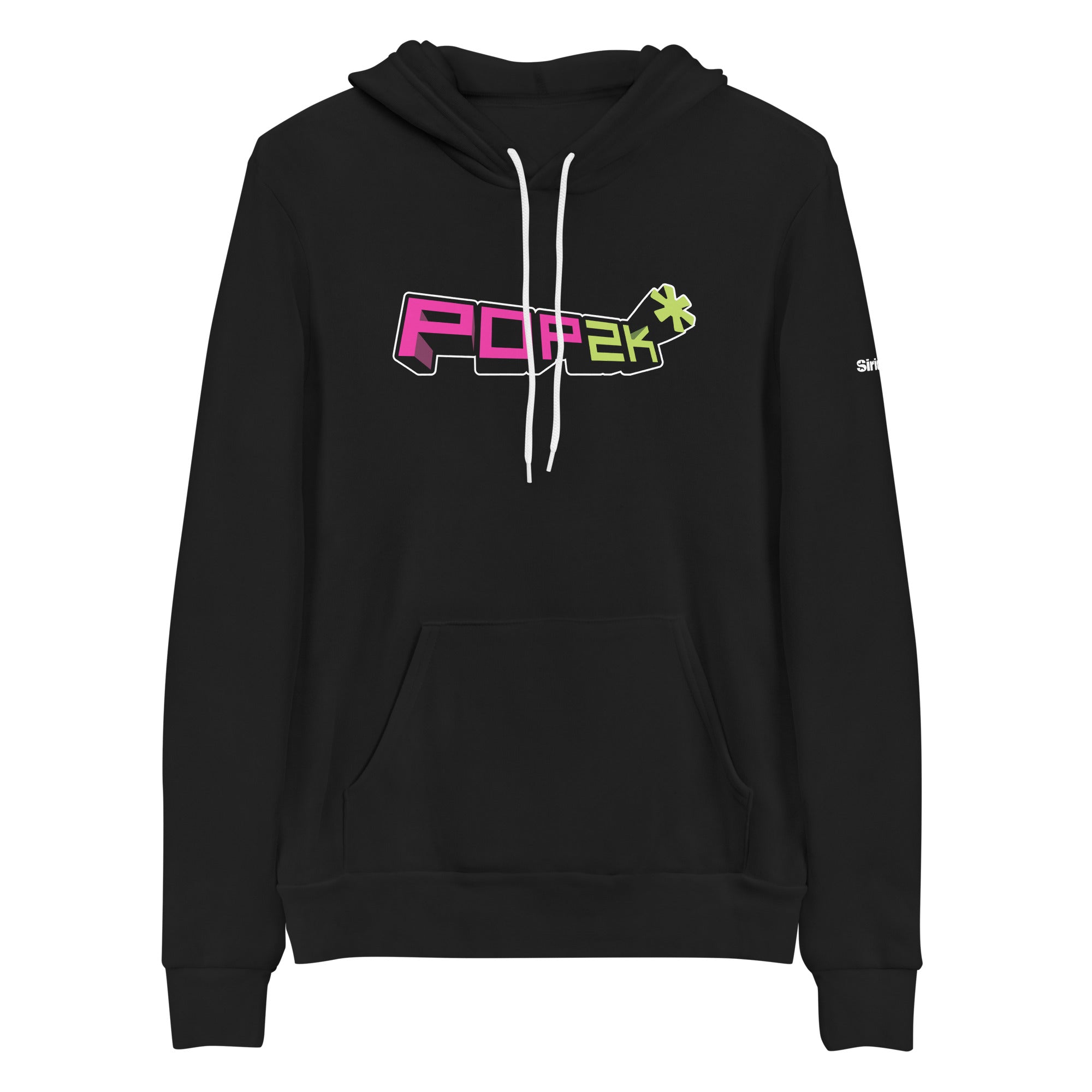Black hoodie featuring a colorful 'POP2K' graphic and white drawstrings.