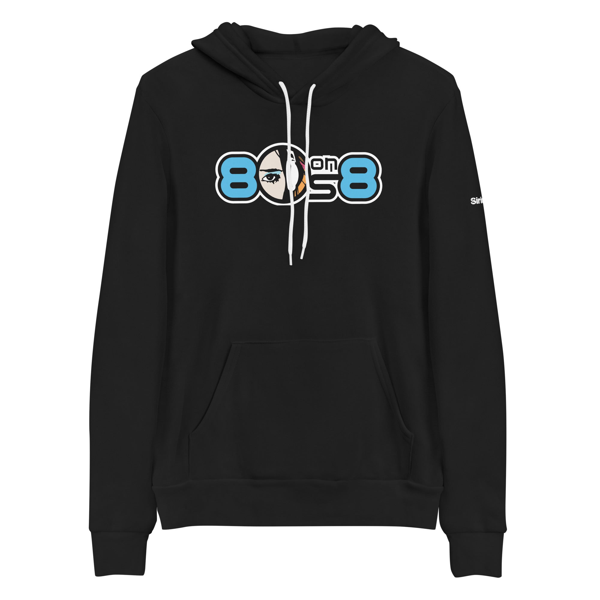 Black hoodie featuring a graphic with '80s on 8' and a stylized eye and headset design.