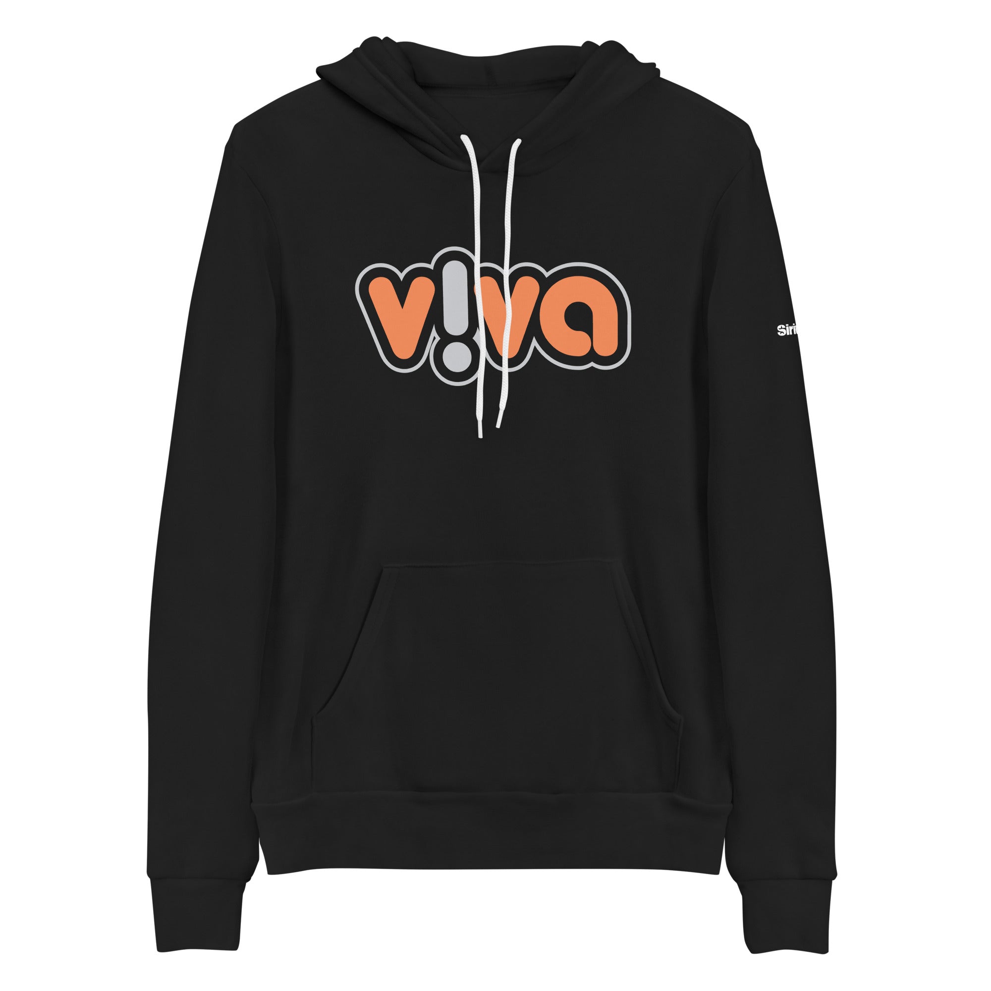 Black hoodie featuring a prominent 'v!va' logo in orange and grey.
