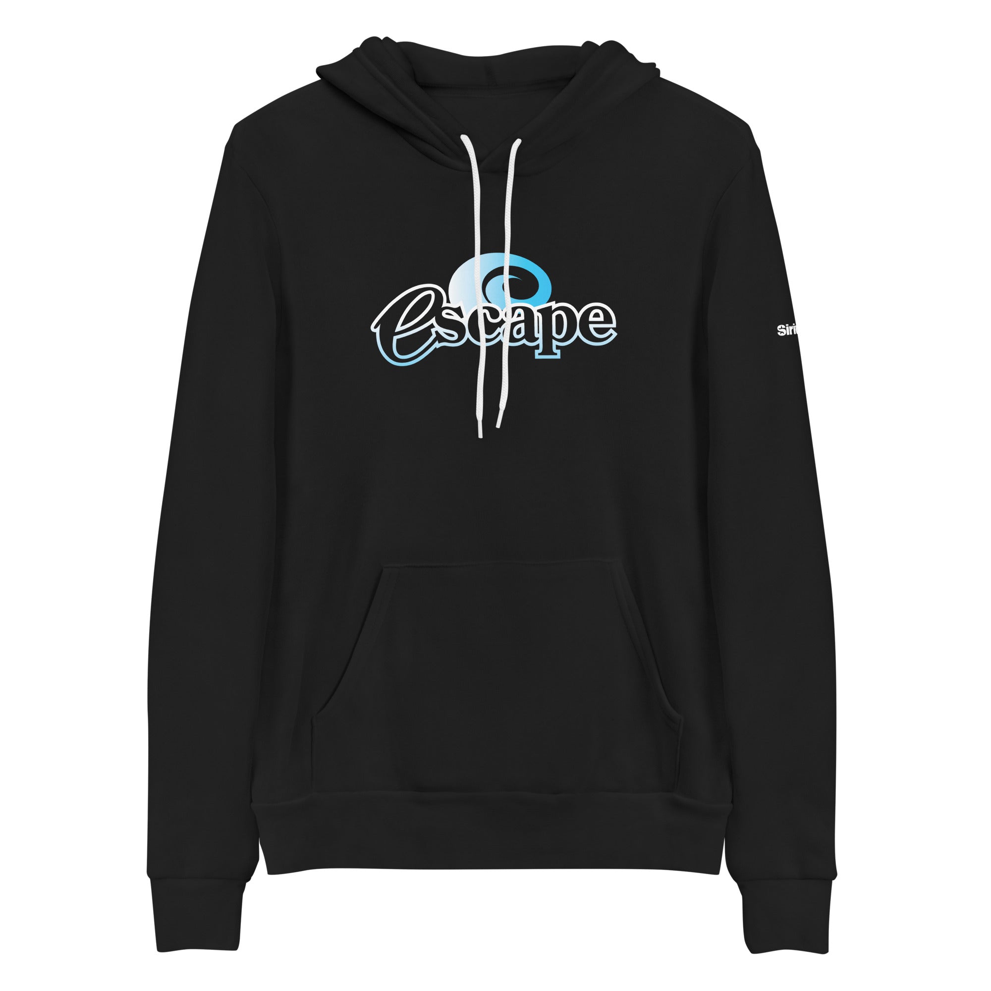 Black hoodie with 'Escape' logo in blue and white, featuring a front pocket and drawstrings.