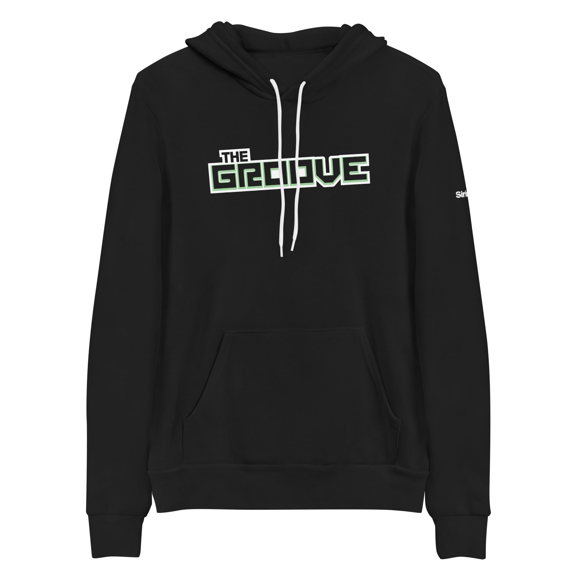 Black hoodie with 'THE GROOVE' logo in green on the front and white drawstrings.