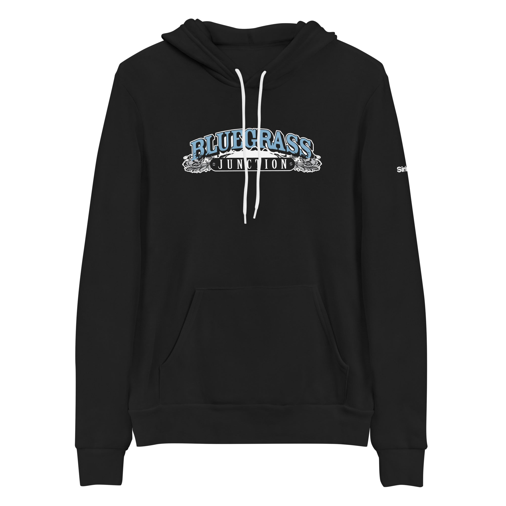 Black hoodie featuring the text 'BLUEGRASS JUNCTION' in blue and white.