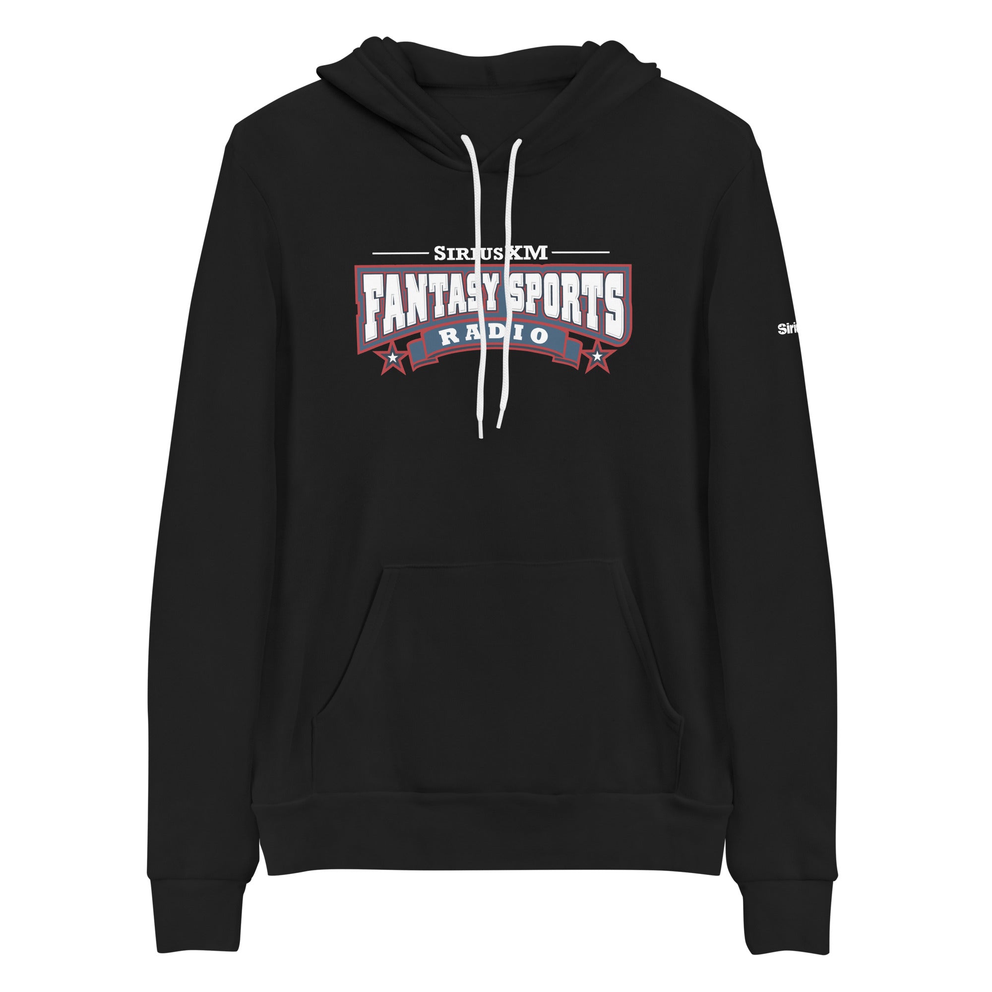Black hoodie with 'SiriusXM Fantasy Sports Radio' logo in red, white and blue on the front, featuring a kangaroo pocket and drawstring hood.