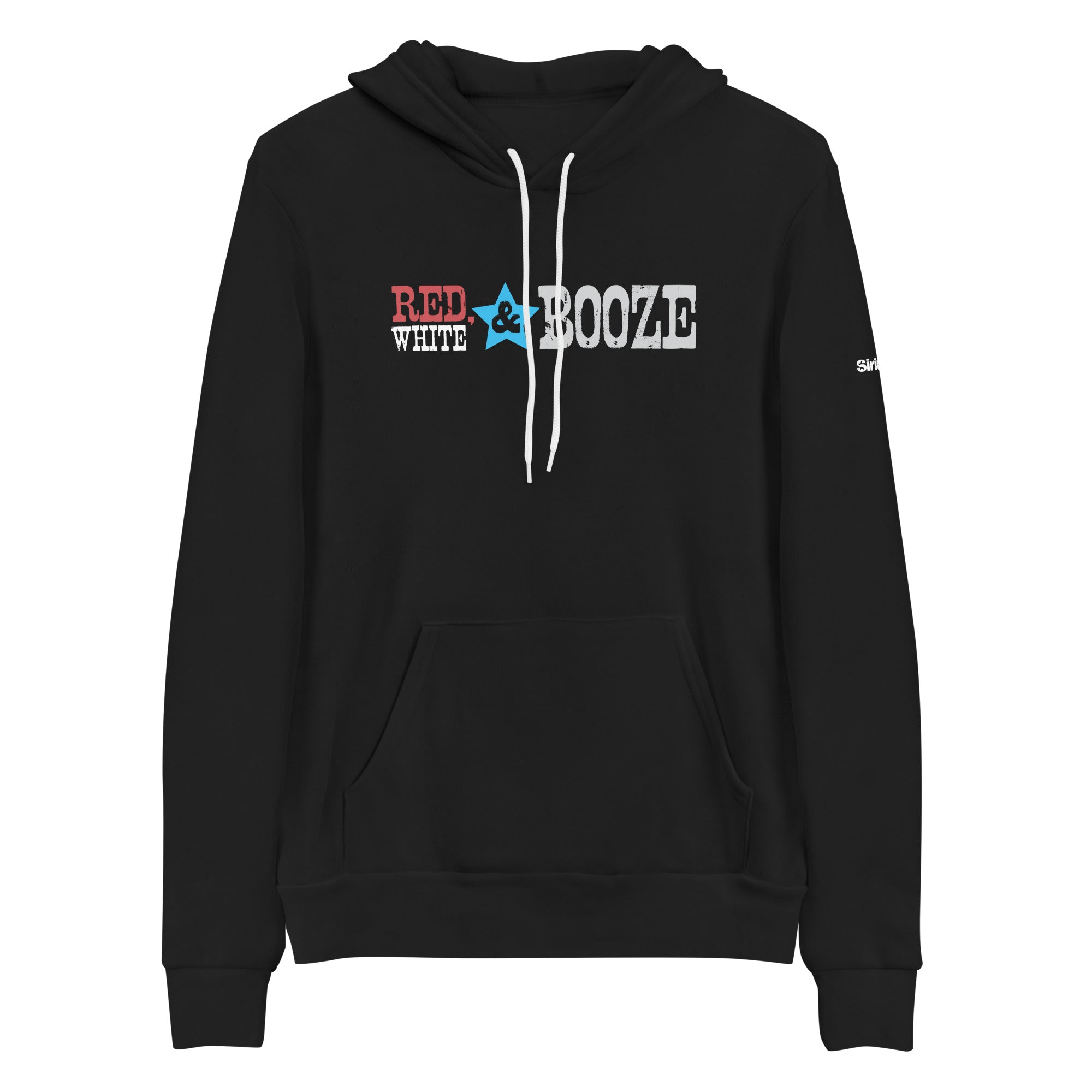 Black hoodie with 'RED, WHITE & BOOZE' graphic design in red, blue, and grey. Features a kangaroo pocket and white drawstrings.