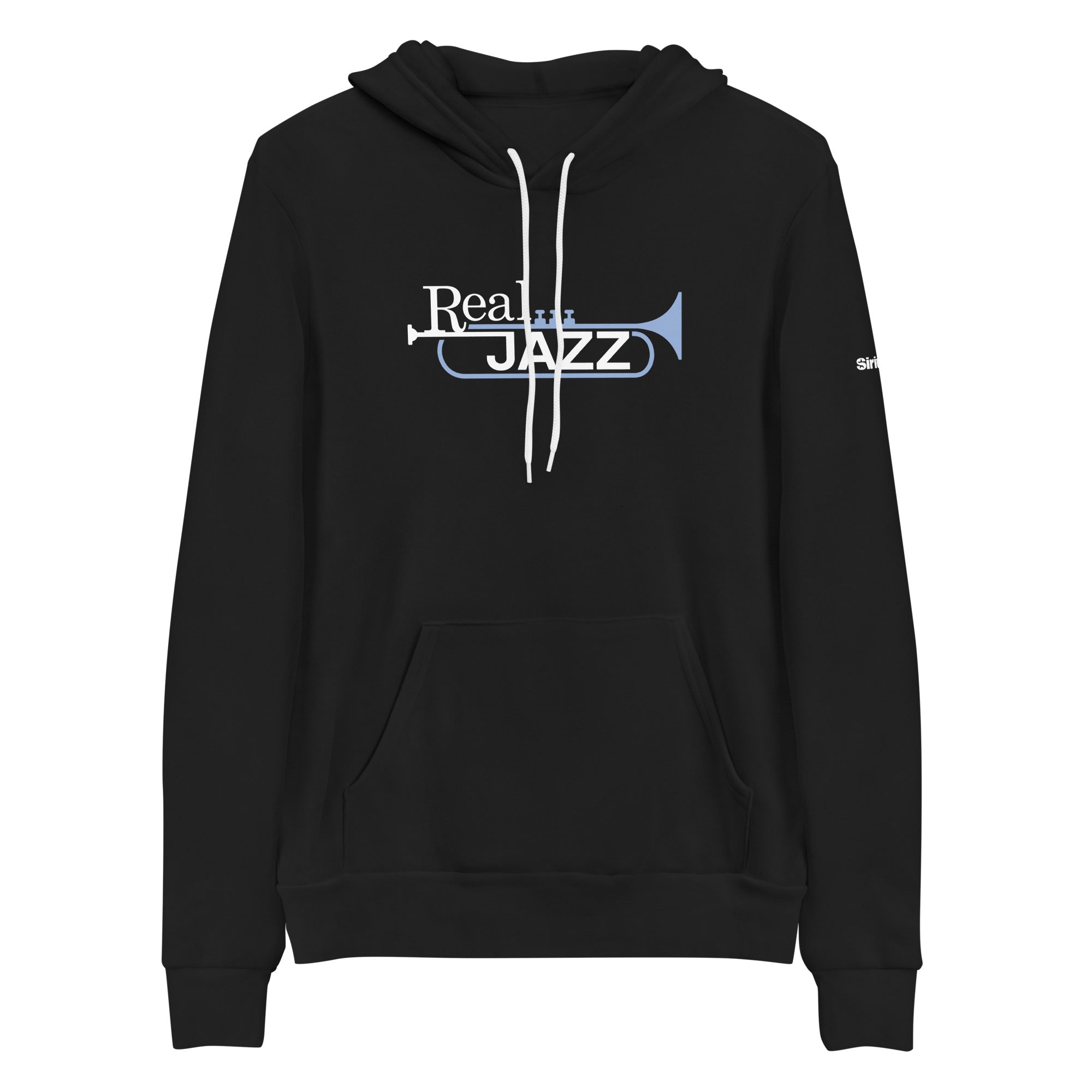 Black hoodie featuring 'Real JAZZ' text in white in light blue and a trumpet graphic on the front. White drawstrings and a front pocket.