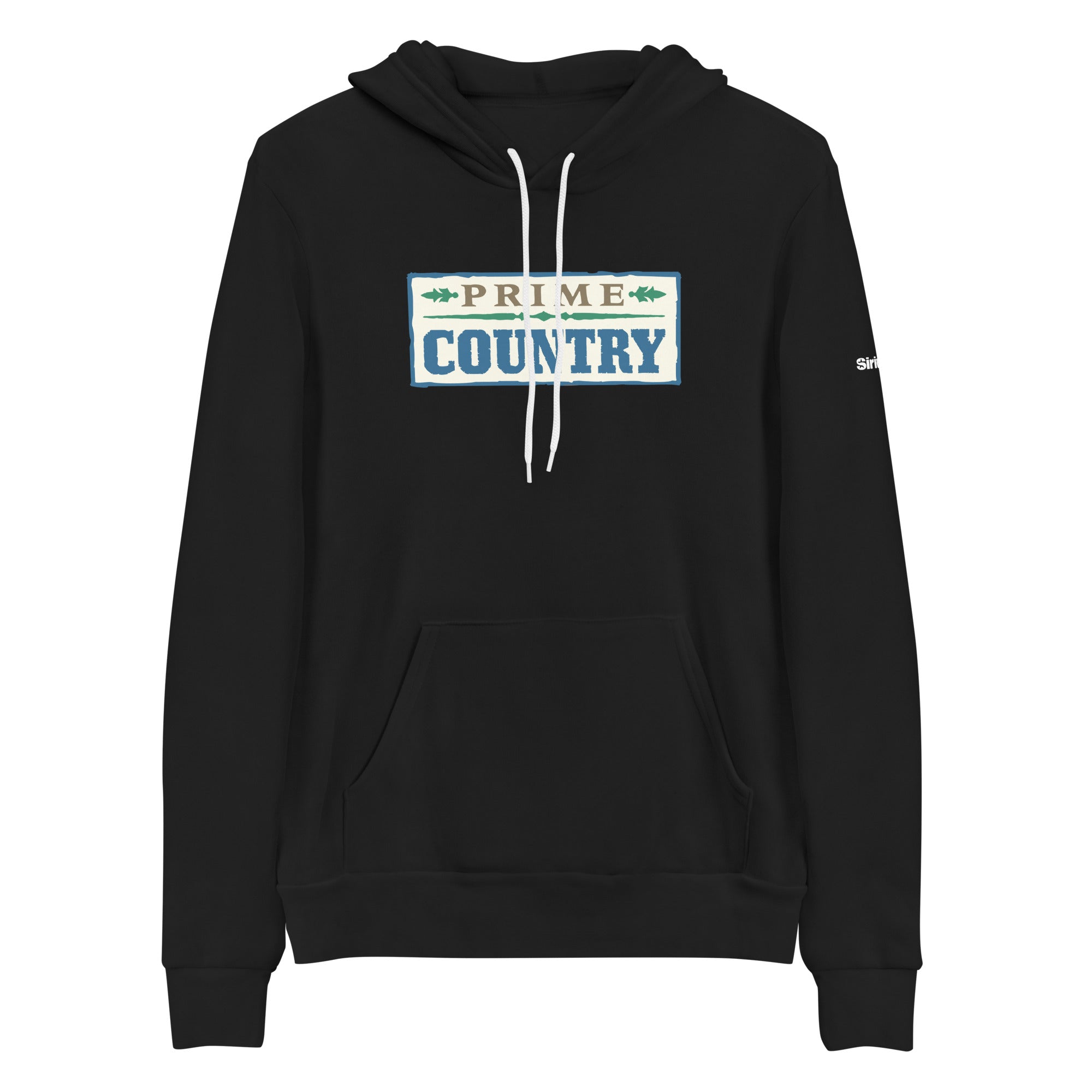Black hoodie featuring the text 'PRIME COUNTRY' in white, brown, green and blue print on the front.