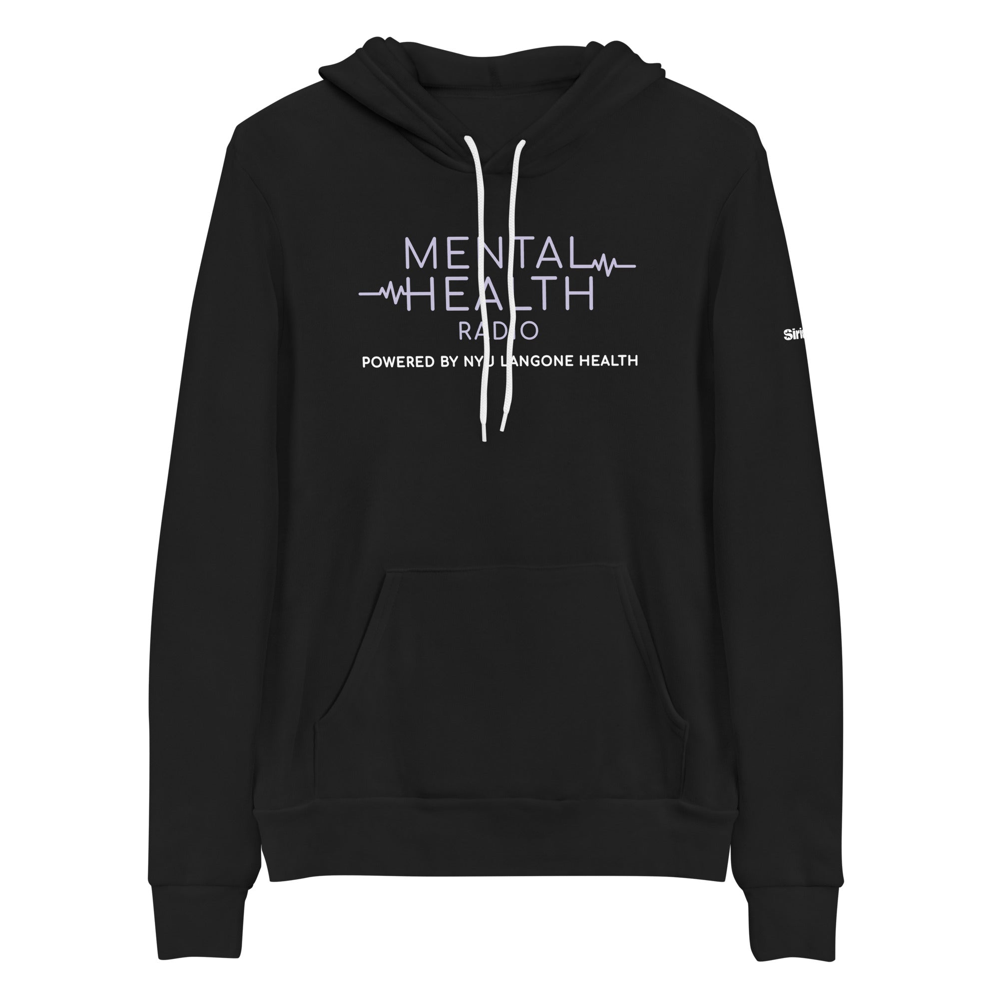 Black hoodie featuring 'Mental Health Radio' logo in white and light purple and 'Powered by NYU Langone Health' text.