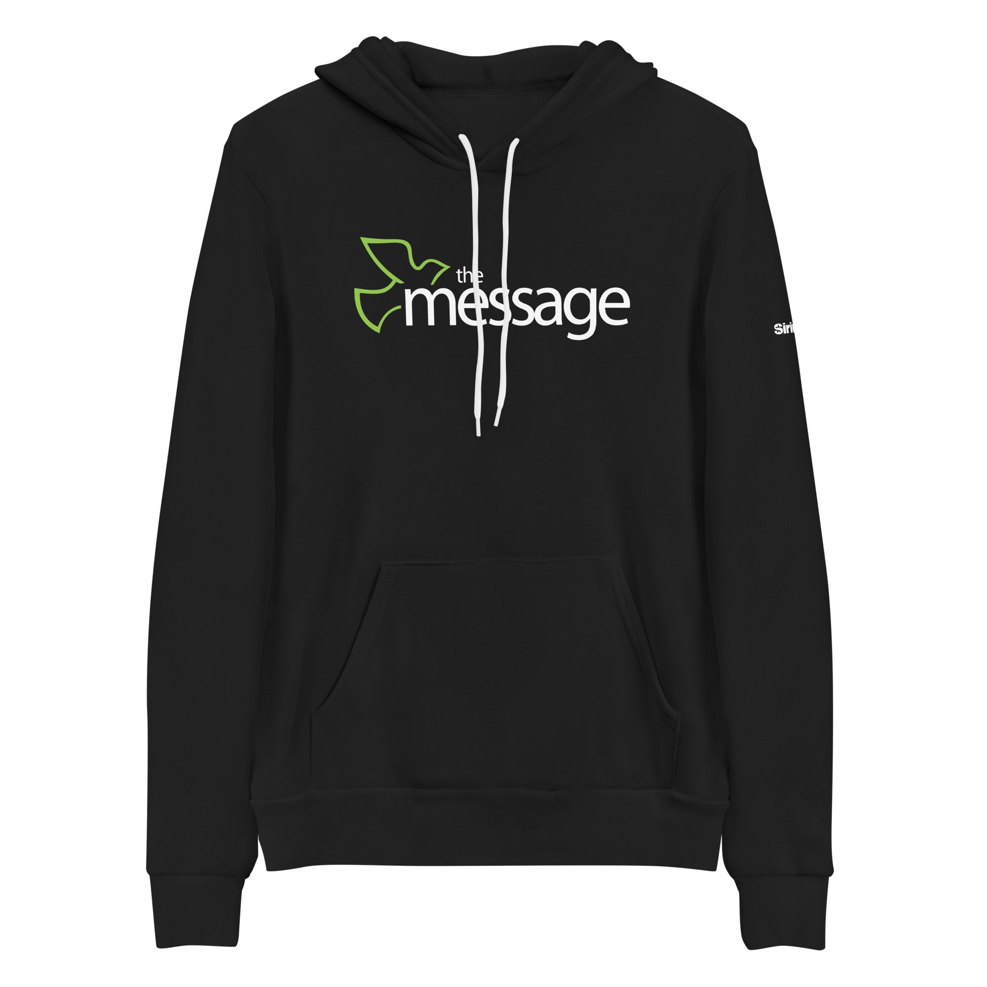 Black hoodie featuring the text 'the message' in white with a green bird design.