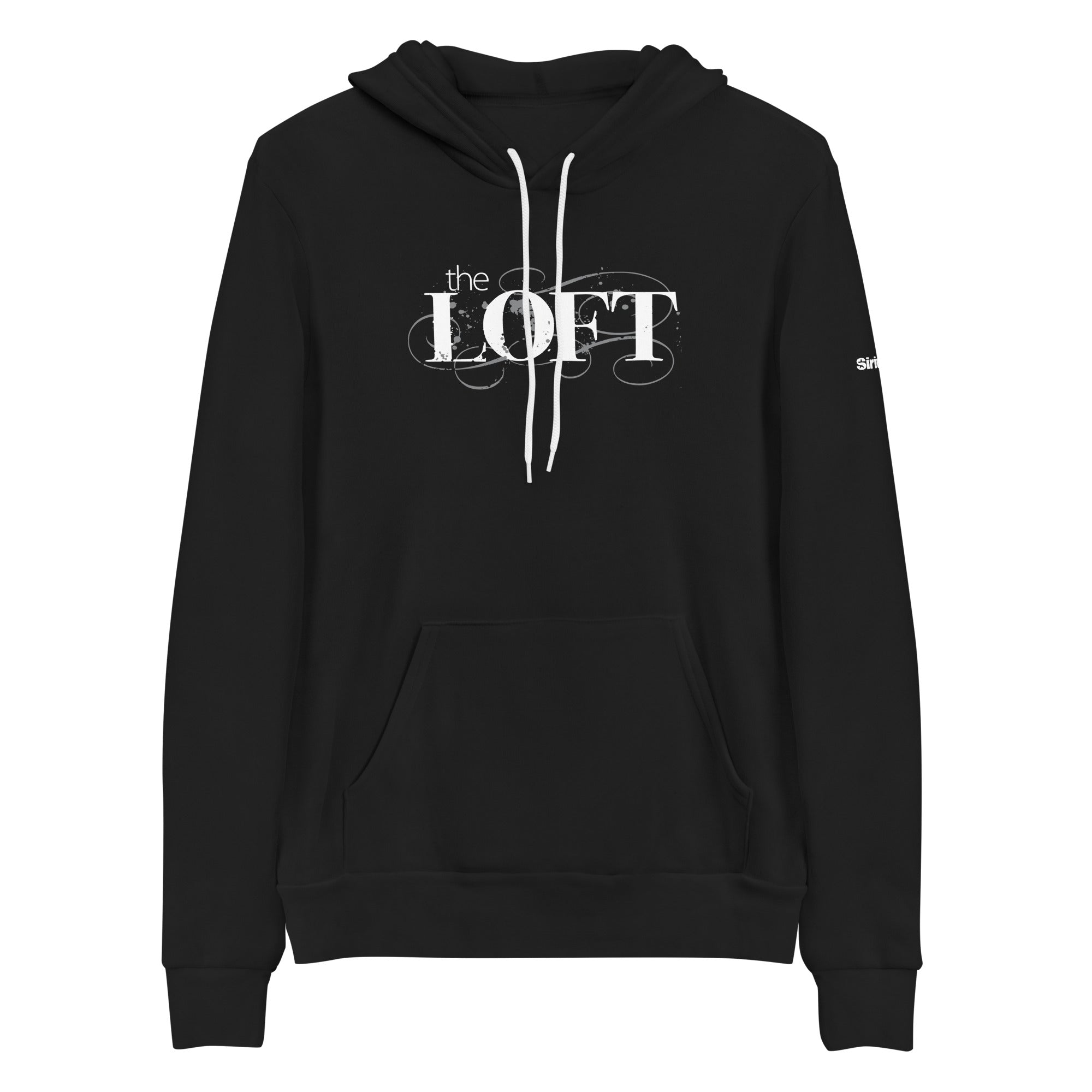 Black hoodie with white 'the LOFT' text design and drawstrings. Features a front pocket and cuffed sleeves.