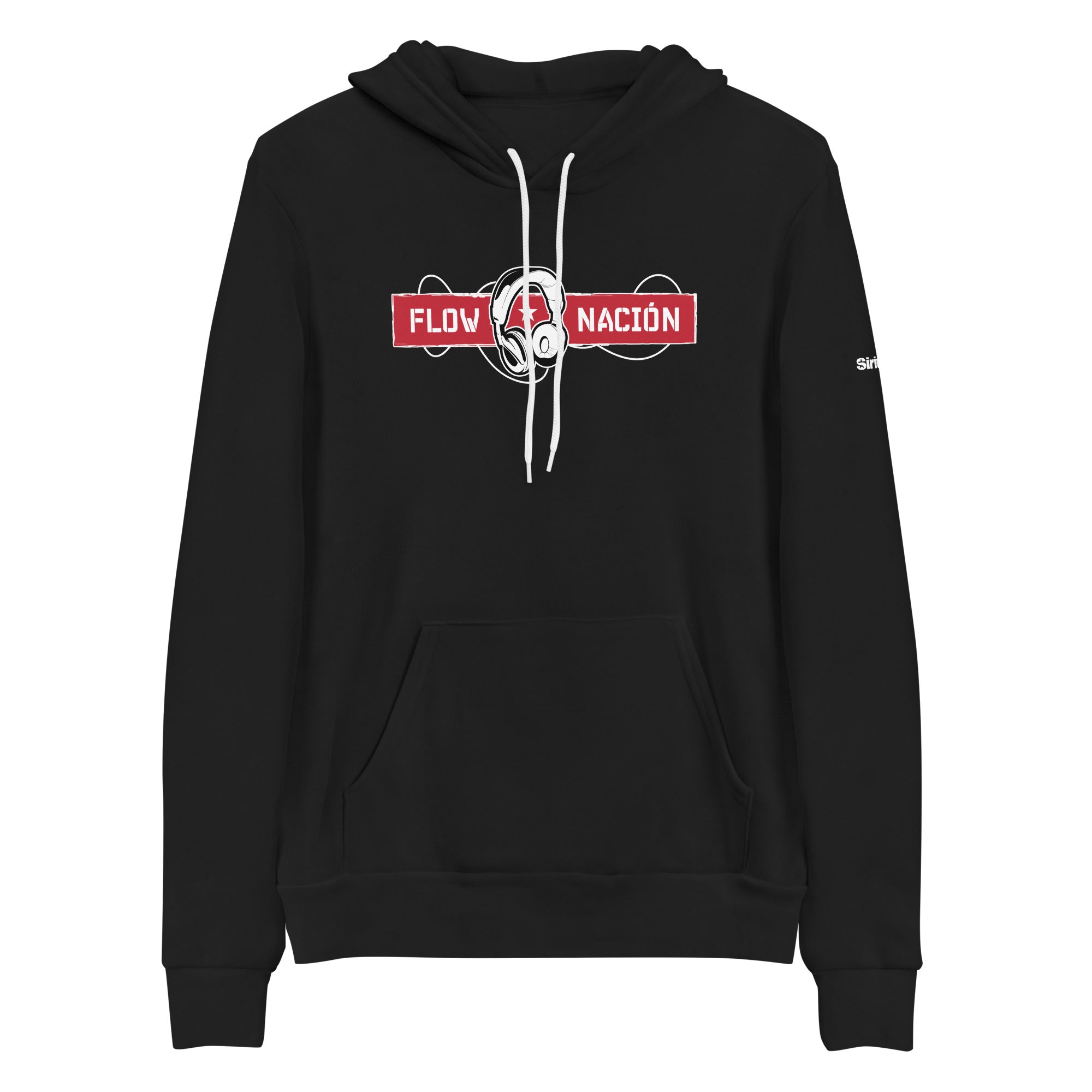 Black hoodie featuring a 'FLOW NACIÓN' in white and red graphic and headphones design on the front.