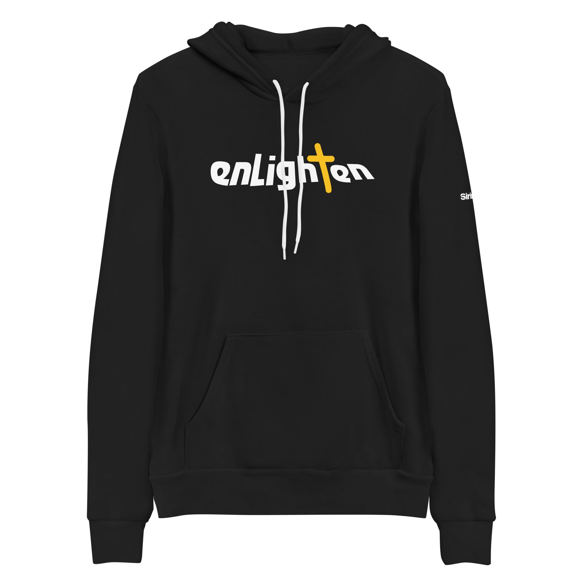 Black hoodie featuring the word 'enLighten' with a yellow cross and white drawstrings.