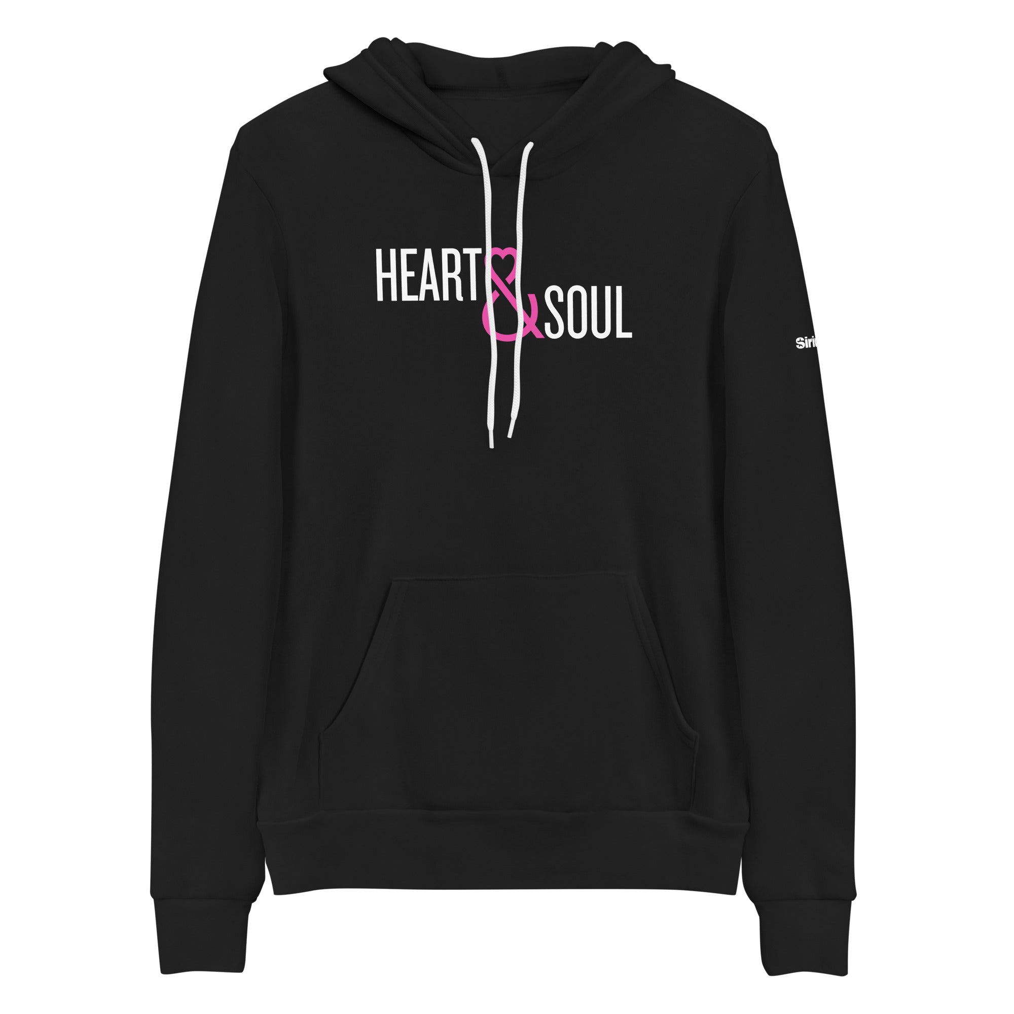 Black hoodie with 'HEART & SOUL' printed in white and pink. Features a front pocket and drawstrings.