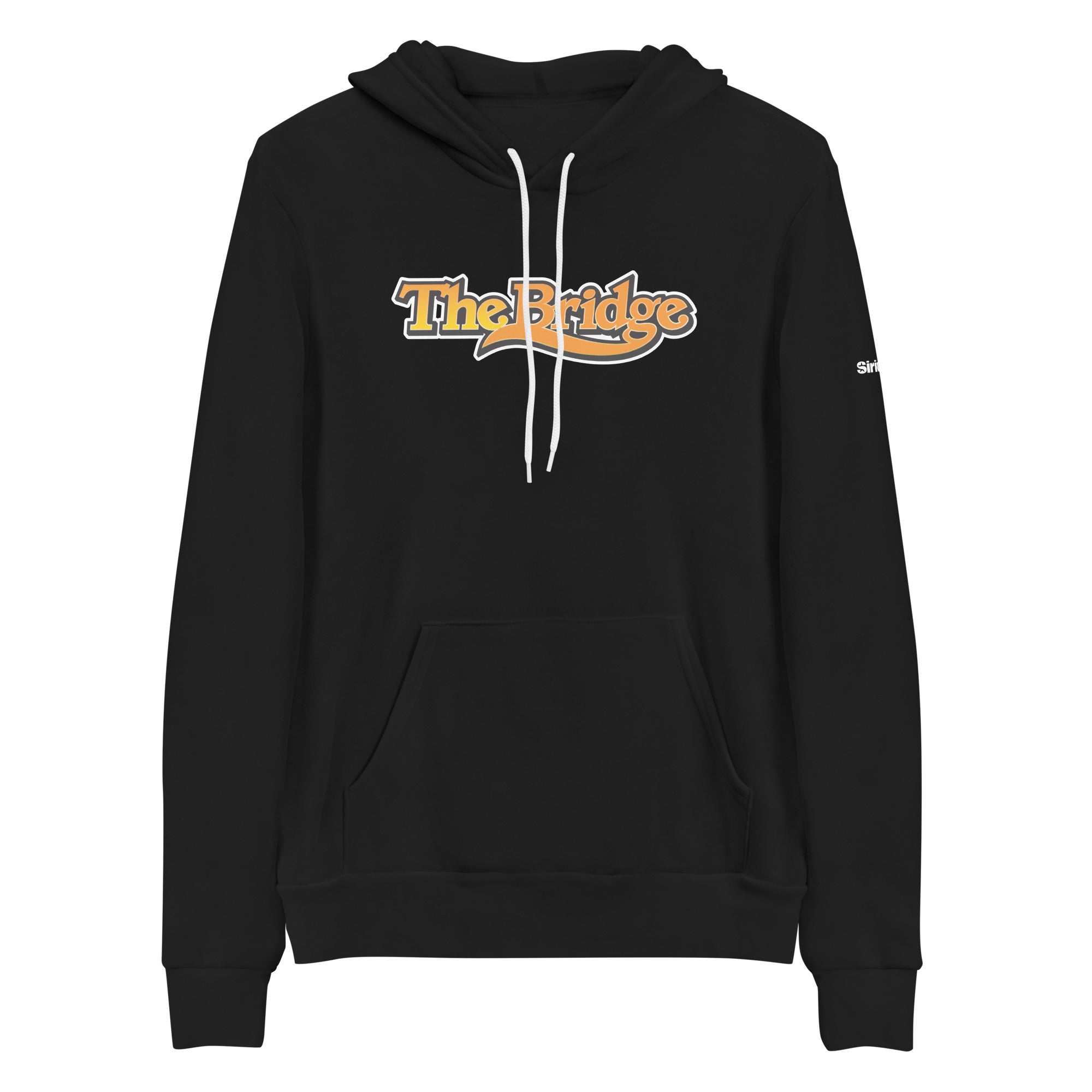 Black hoodie with 'The Bridge' logo in orange and white, featuring a kangaroo pocket and drawstrings.