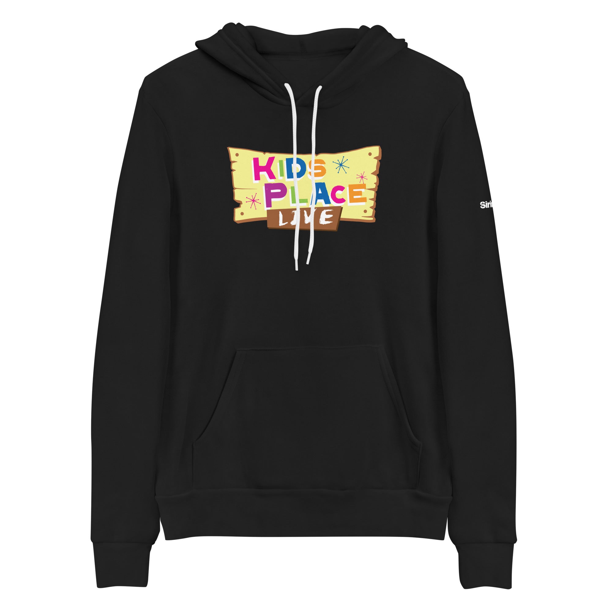 Black hoodie featuring a colorful 'KIDS PLACE LIVE' graphic on front.