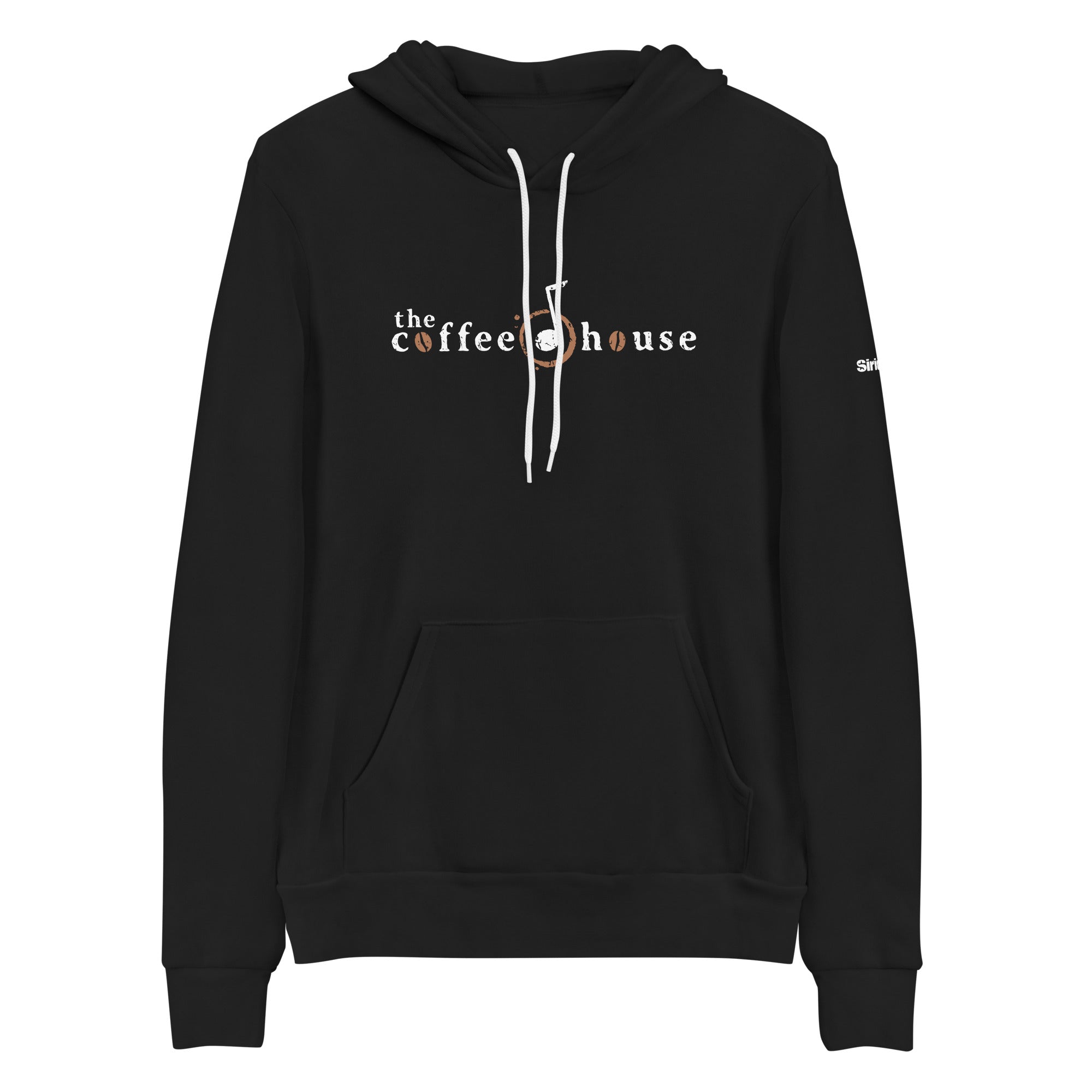 Black hoodie featuring 'the coffee house' logo featuring a musical note and coffee bean on the front and a kangaroo pocket at the bottom.