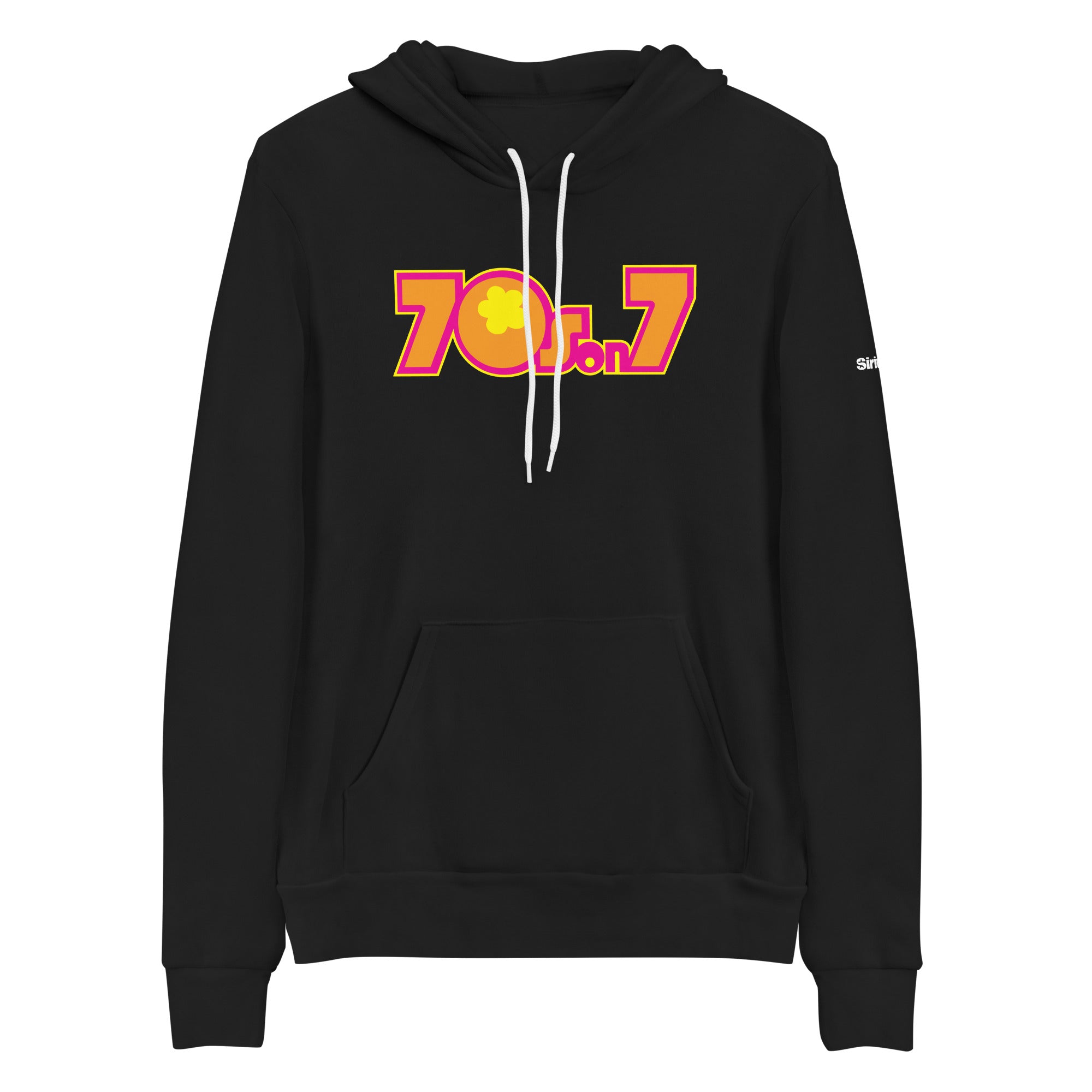 Black hoodie featuring colorful '70s on 7' graphic in pink, yellow and orange logo on the front.