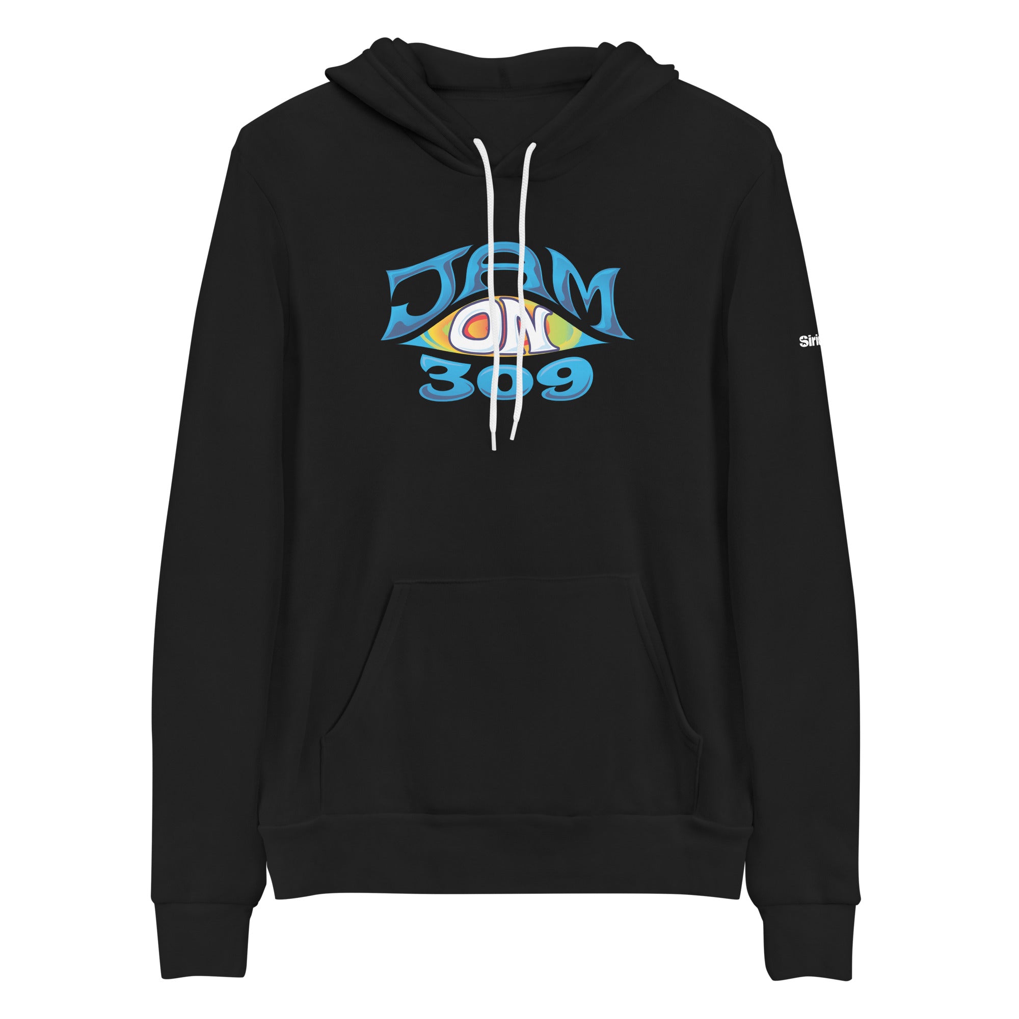 Black hoodie featuring a colorful 'JAM ON 309' design with blue text on the front.