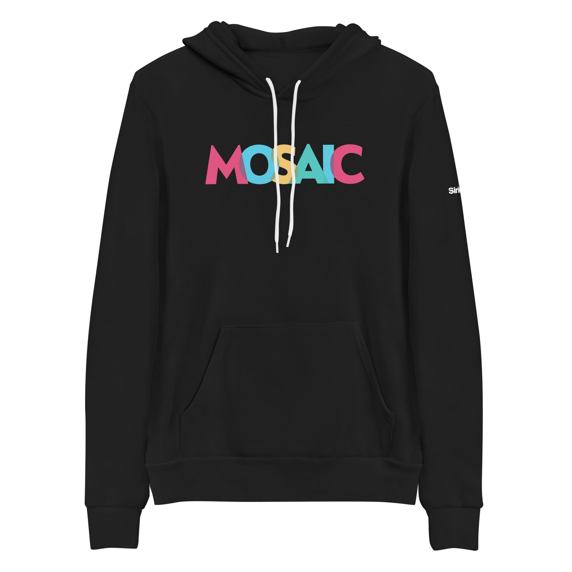 Black hoodie with colorful 'MOSAIC' text  in cranberry, blue, yellow, and tourquise on the front and white drawstrings and kangaroo pocket.