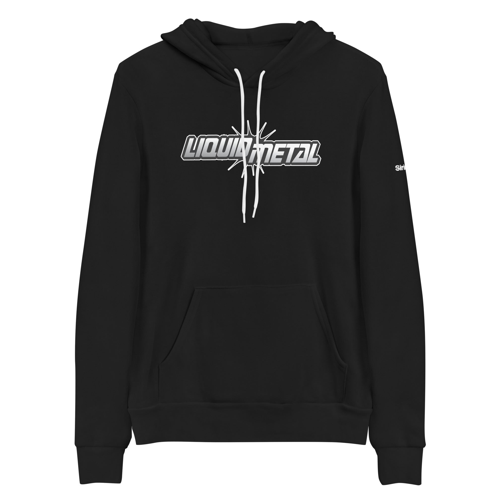 Black hoodie with 'LIQUIDMETAL' logo in white, black and grey, featuring a kangaroo pocket and drawstring hood.