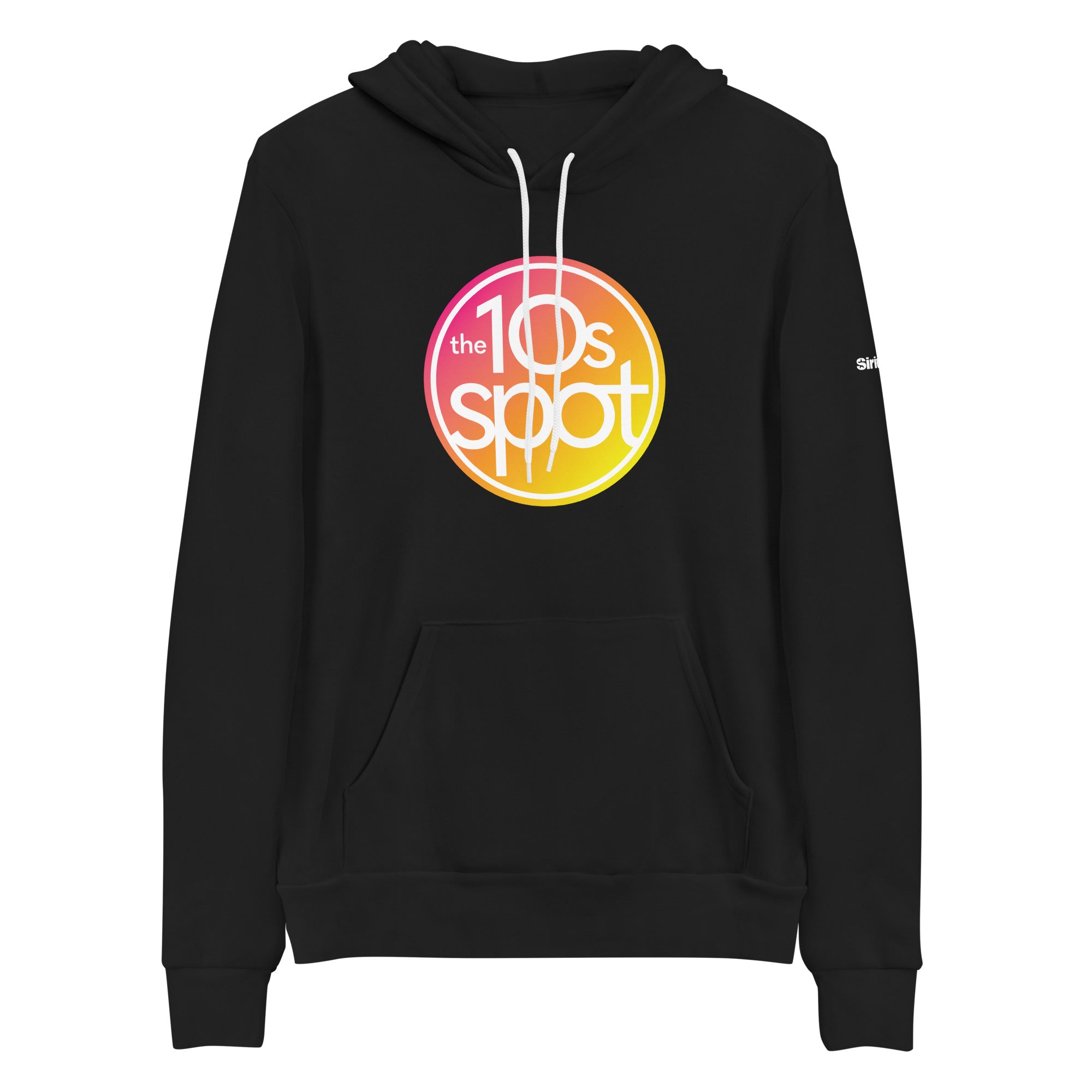 Black hoodie featuring a colorful circular logo in pinks and oranges with 'the 10s spot' text in the center.