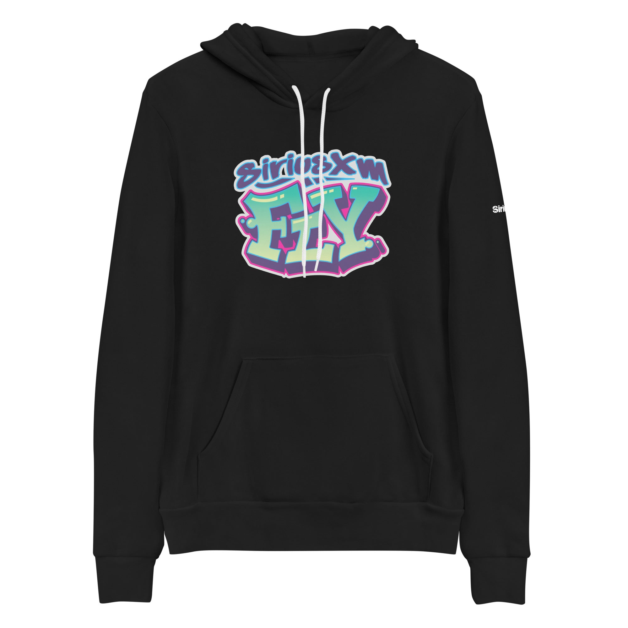Black hoodie featuring colorful 'SiriusXM FLY' graffiti-style logo on the front. Colors include blue, green, and pink.