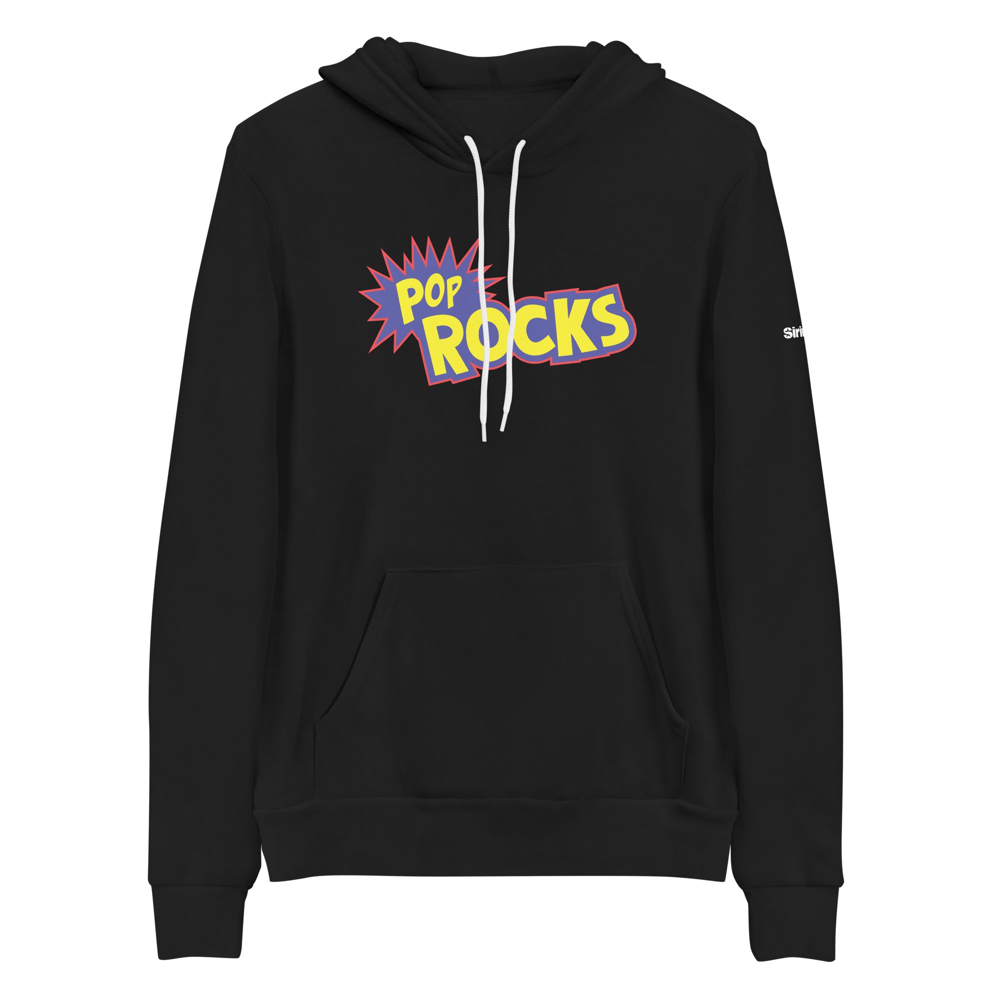 Black hoodie featuring a colorful 'POP ROCKS' graphic design on the front in blue, yellow and red.