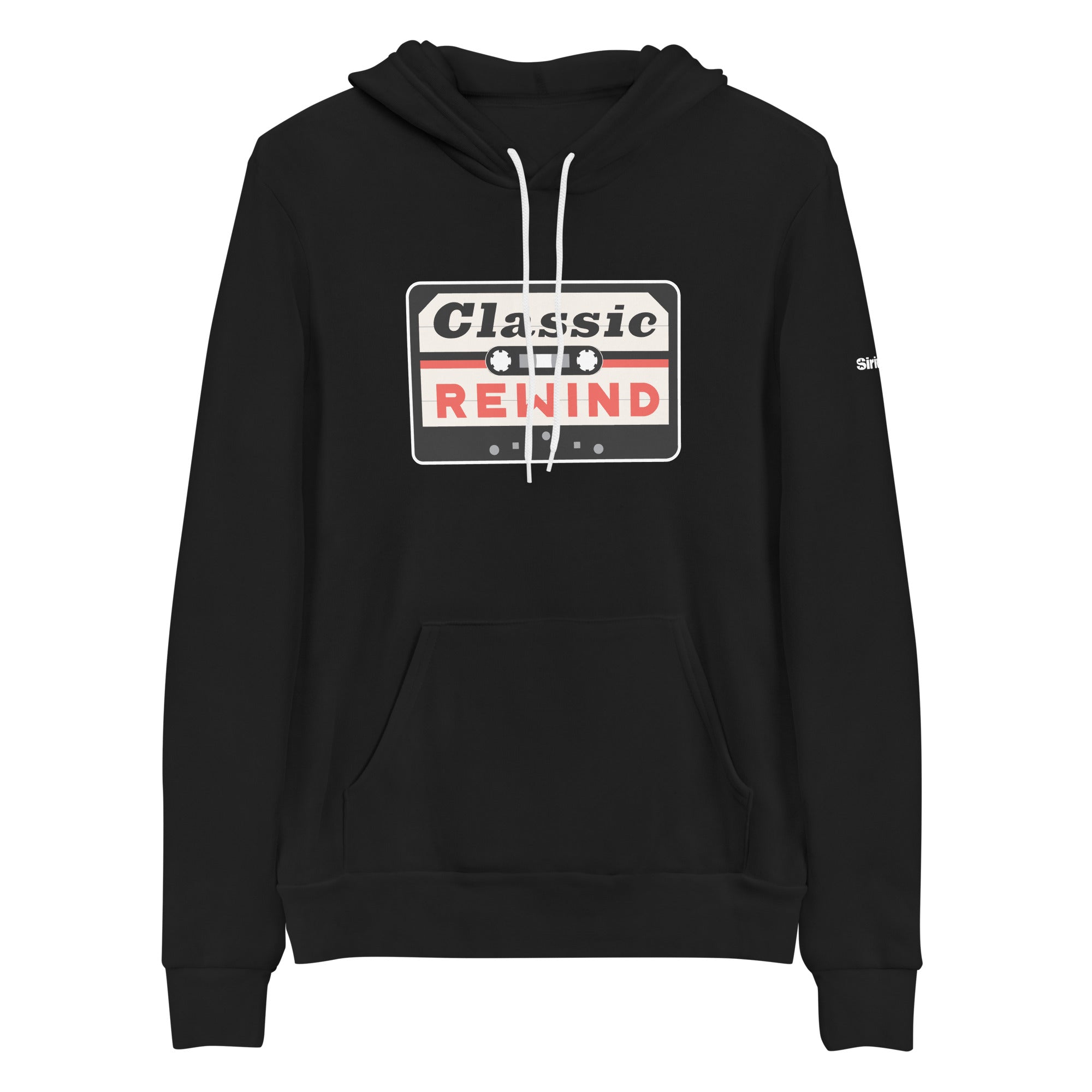 Black hoodie with 'Classic Rewind' graphic resembling a cassette tape in red, white and black.