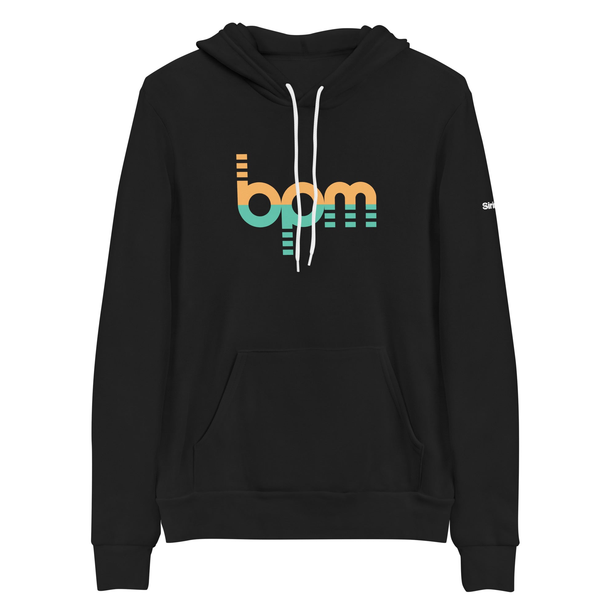 Black hoodie featuring a colorful 'bpm' logo in orange and green on the front and a kangaroo pocket, hood and drawstrings.