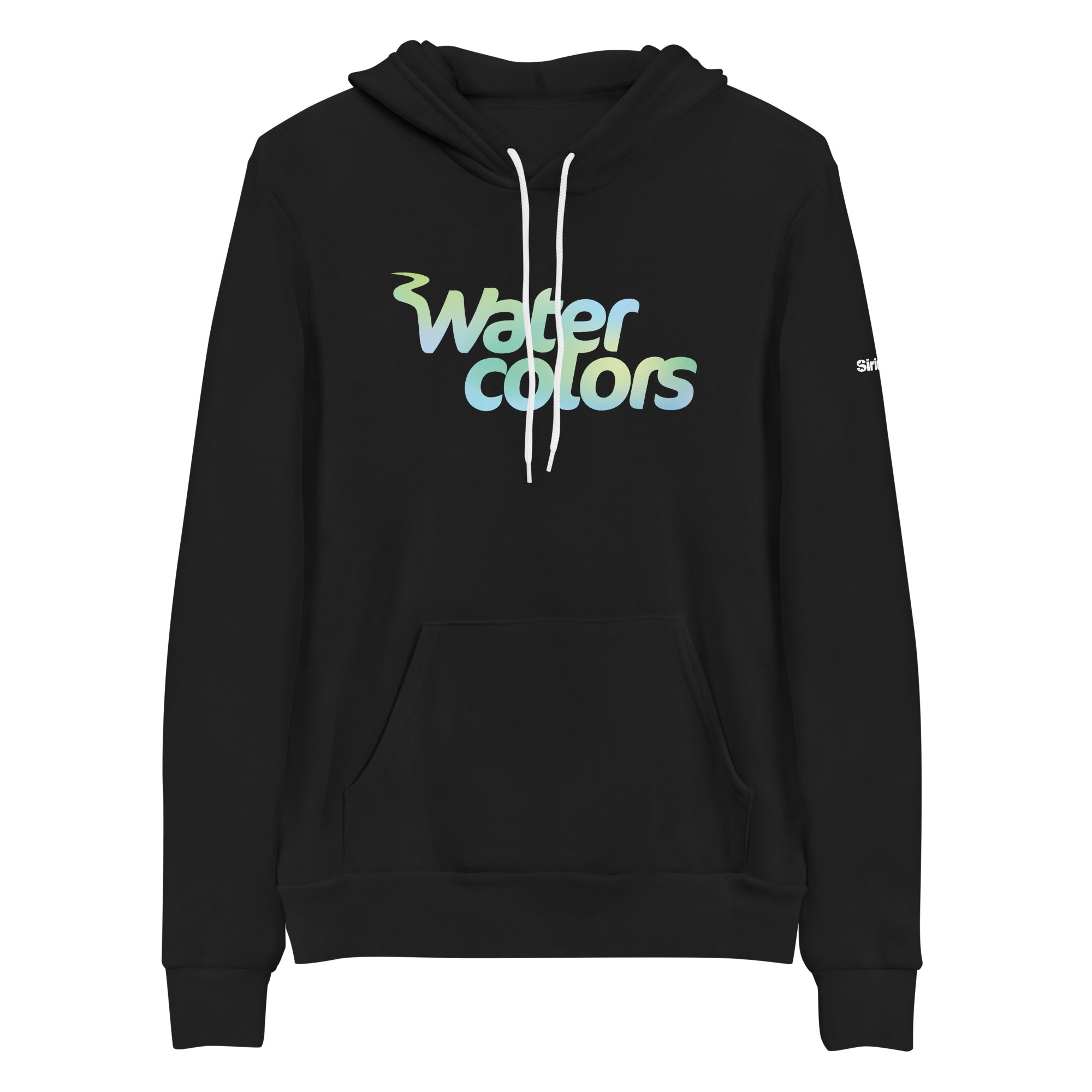 Black hoodie featuring 'Water Colors' logo in green and blue gradient, featuring a front pocket and drawstring hood.
