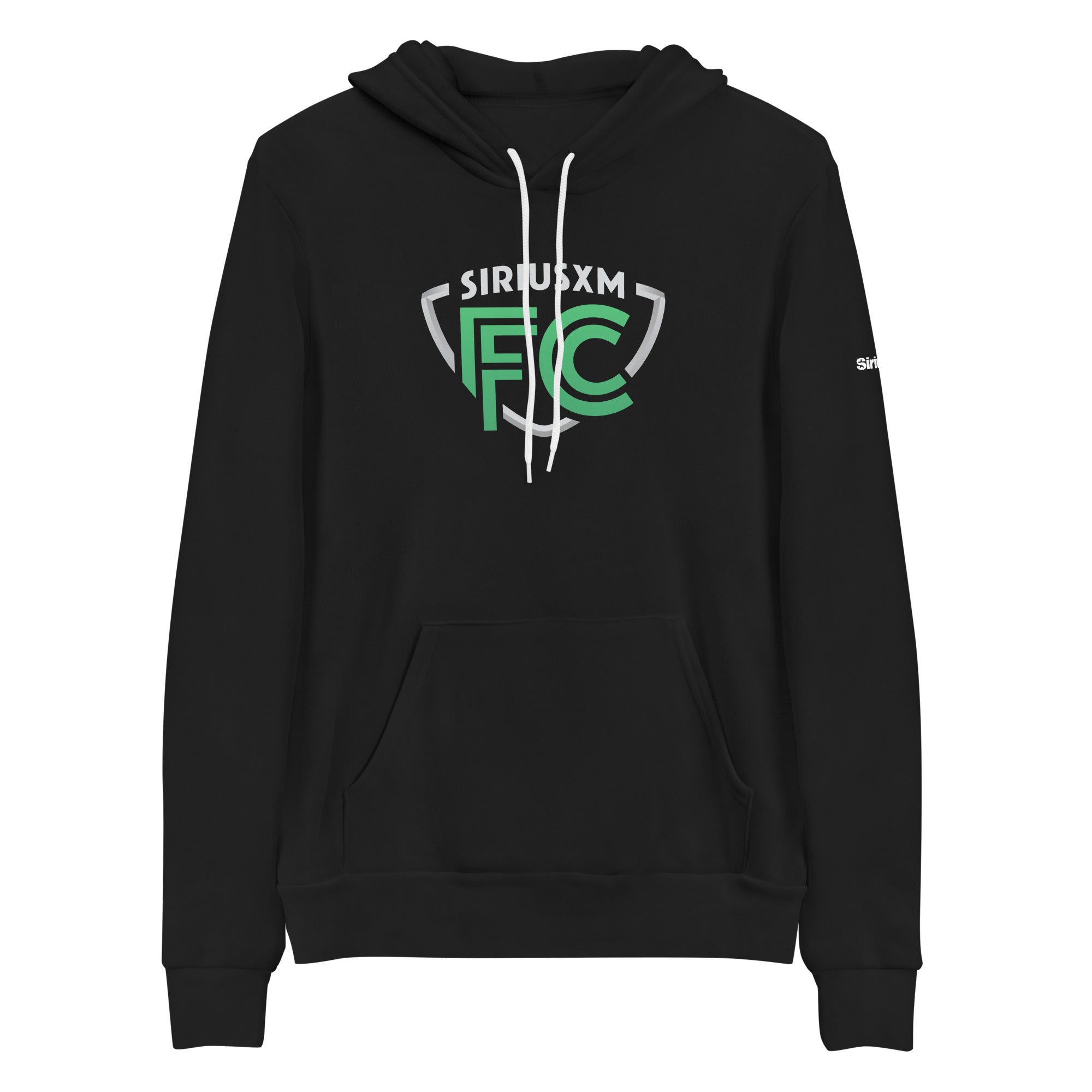 Black hoodie featuring the 'SiriusXM FC' logo in green and gray with a front pouch pocket.