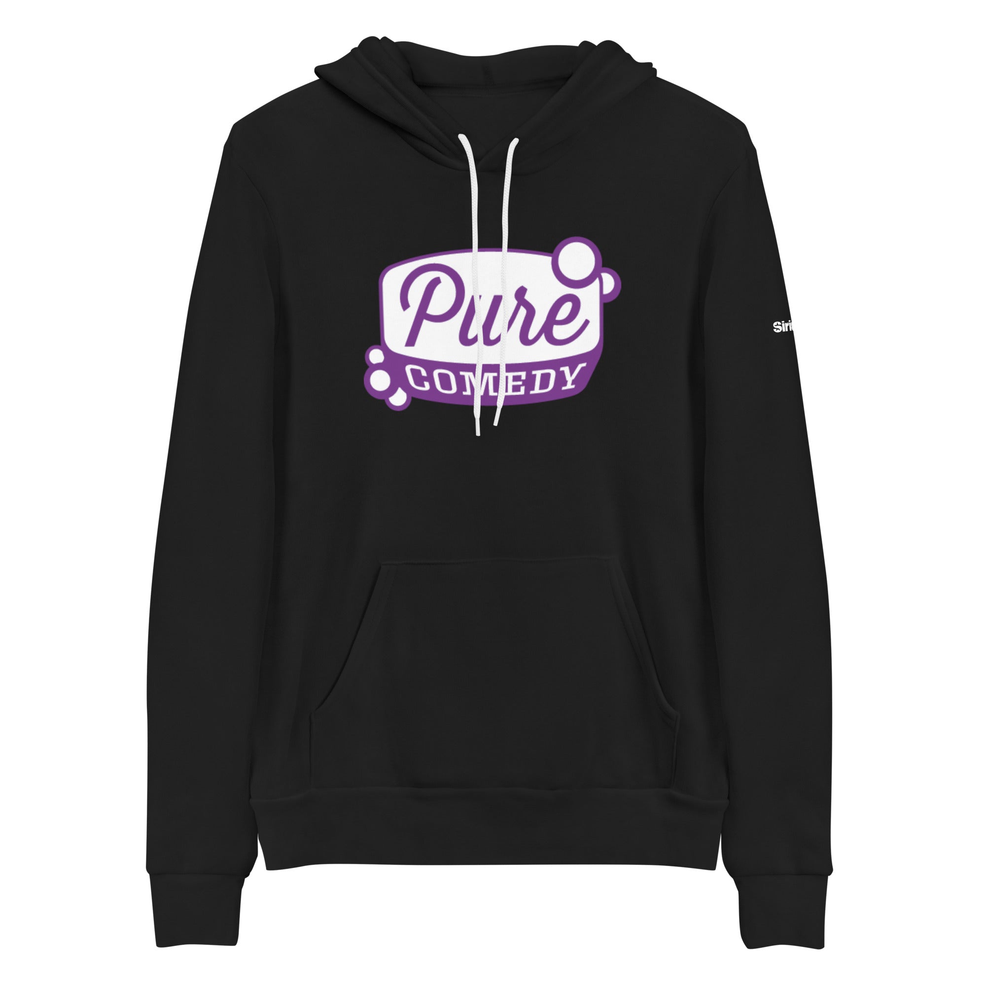 Black hoodie featuring 'Pure Comedy' in purple text and bubbles design.