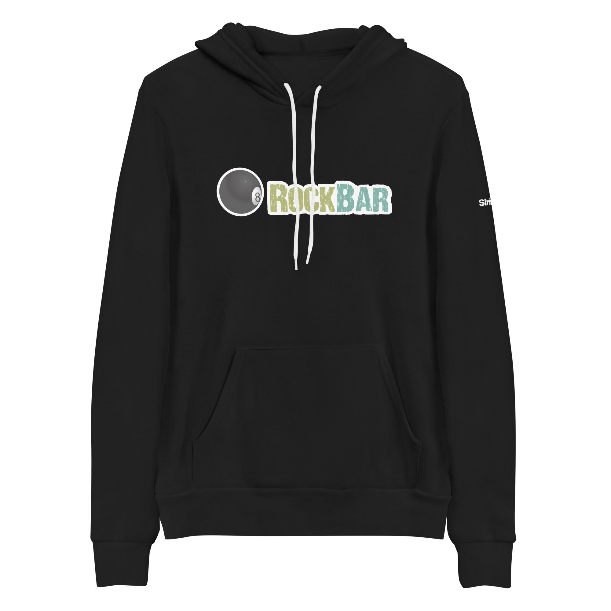 Black hoodie featuring a colorful 'ROCKBAR' logo and a graphic of an eight ball.