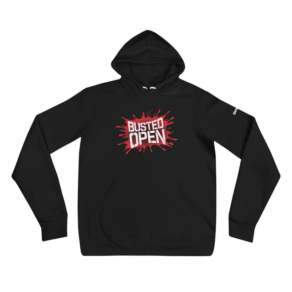 Black hoodie with 'BUSTED OPEN' in bold red text and splatter design.