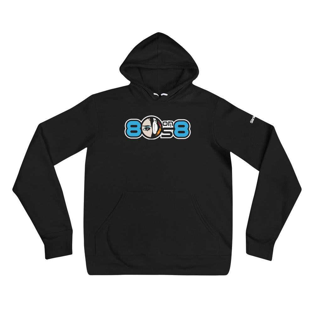 Black hoodie featuring a graphic print that reads '80 on 8' with stylized eye and headphone design.