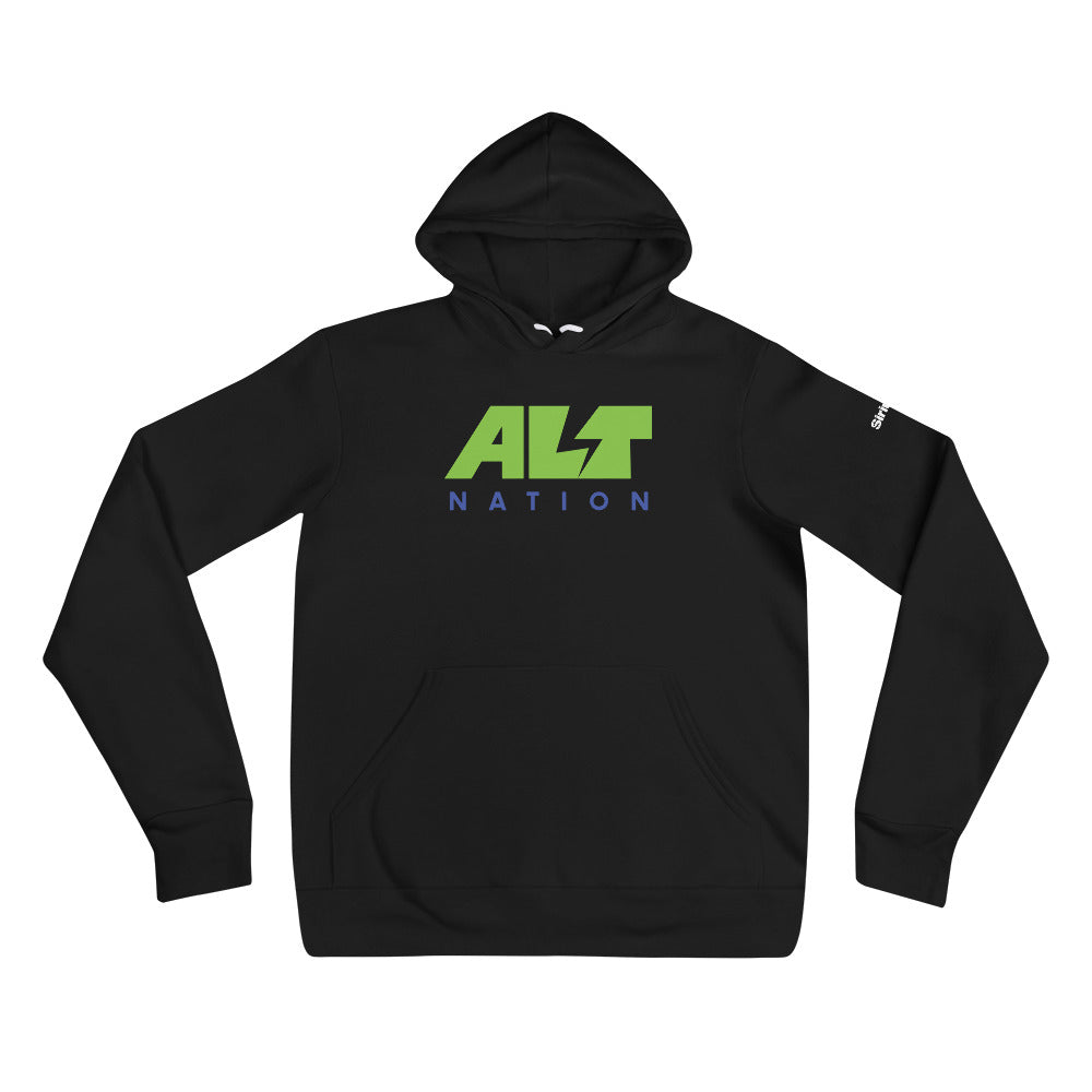 Black hoodie with 'ALT NATION' logo in green and blue on the front.