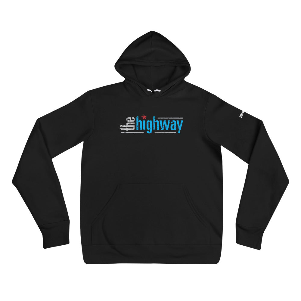 Black hoodie with the text 'the highway' in blue and gray, featuring a red star design.