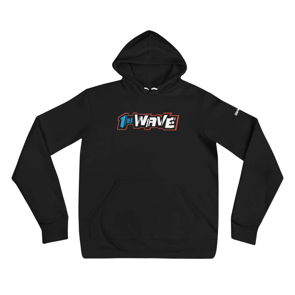 Black hoodie featuring '1st WAVE' graphic in bold, white and blue letters with a red outline on the front.