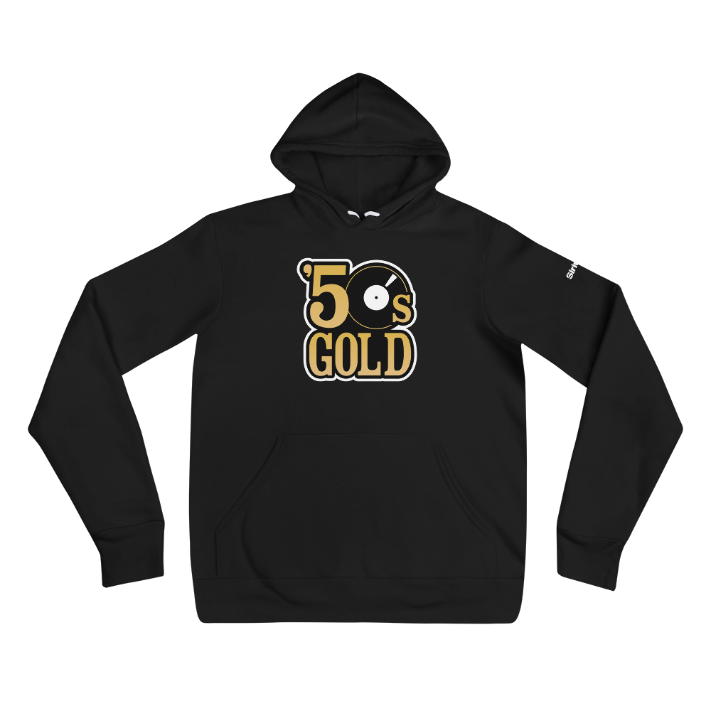 Black hoodie featuring '50s GOLD design in black, white and gold; with a vinyl record design.