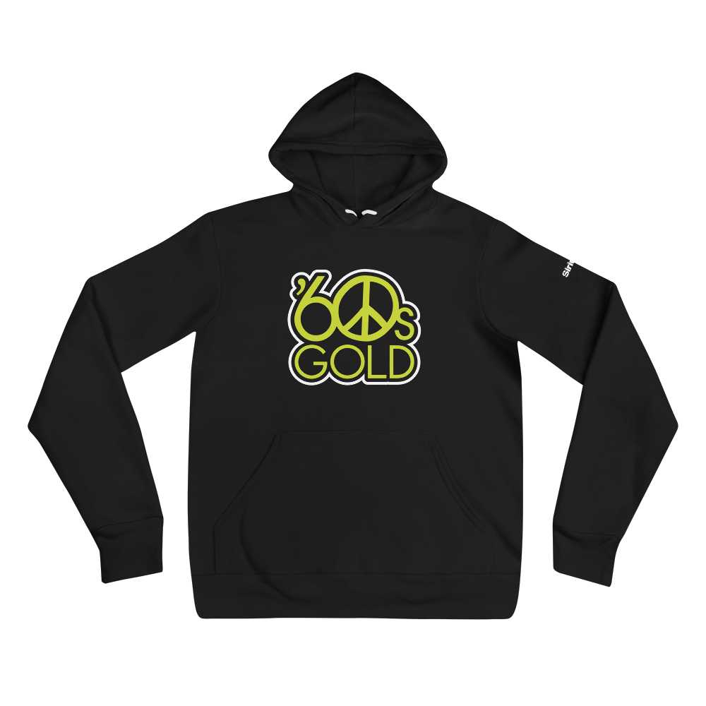 Black hoodie featuring the '60s Gold' logo with peace symbol in vibrant green and white.