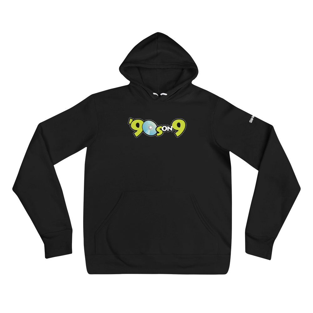 Black hoodie featuring a light blue and vivid green graphic with the text ''90s on 9' and a CD design.