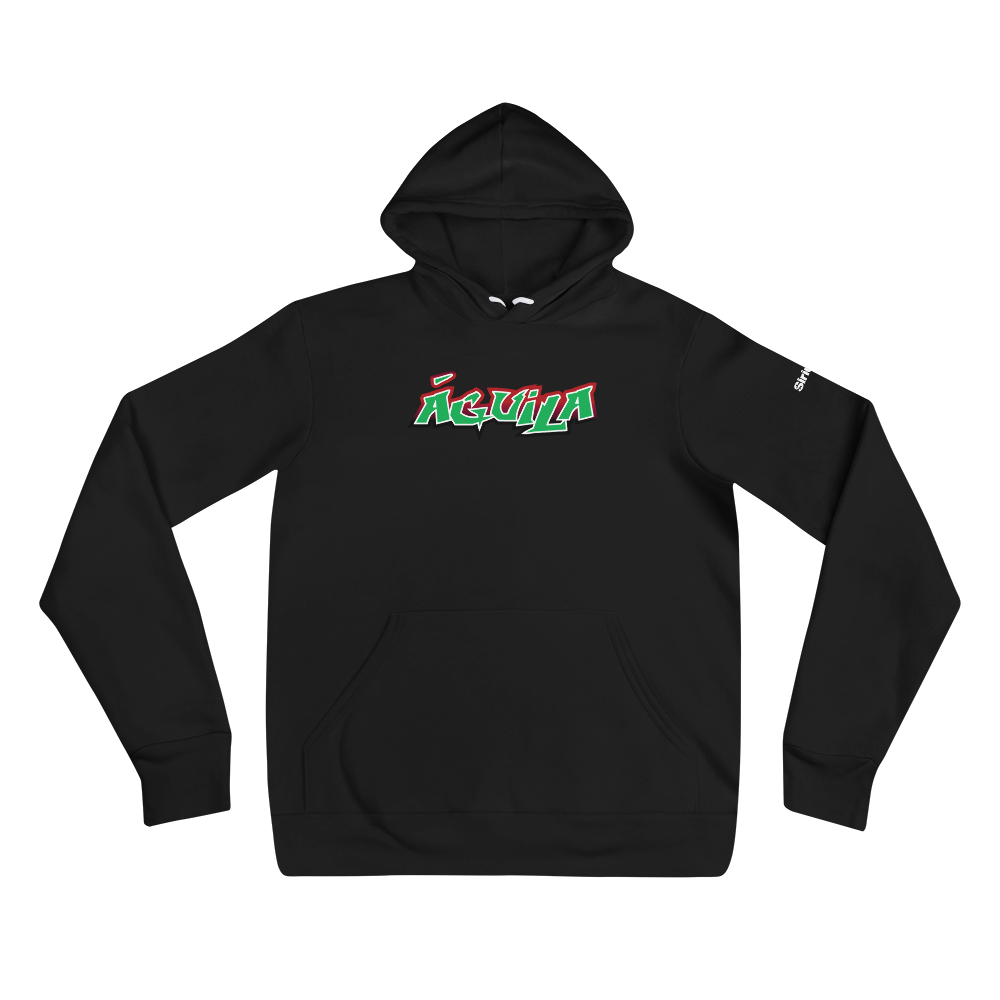Black hoodie featuring colorful 'Aguana' text in green, red and white design on the front.