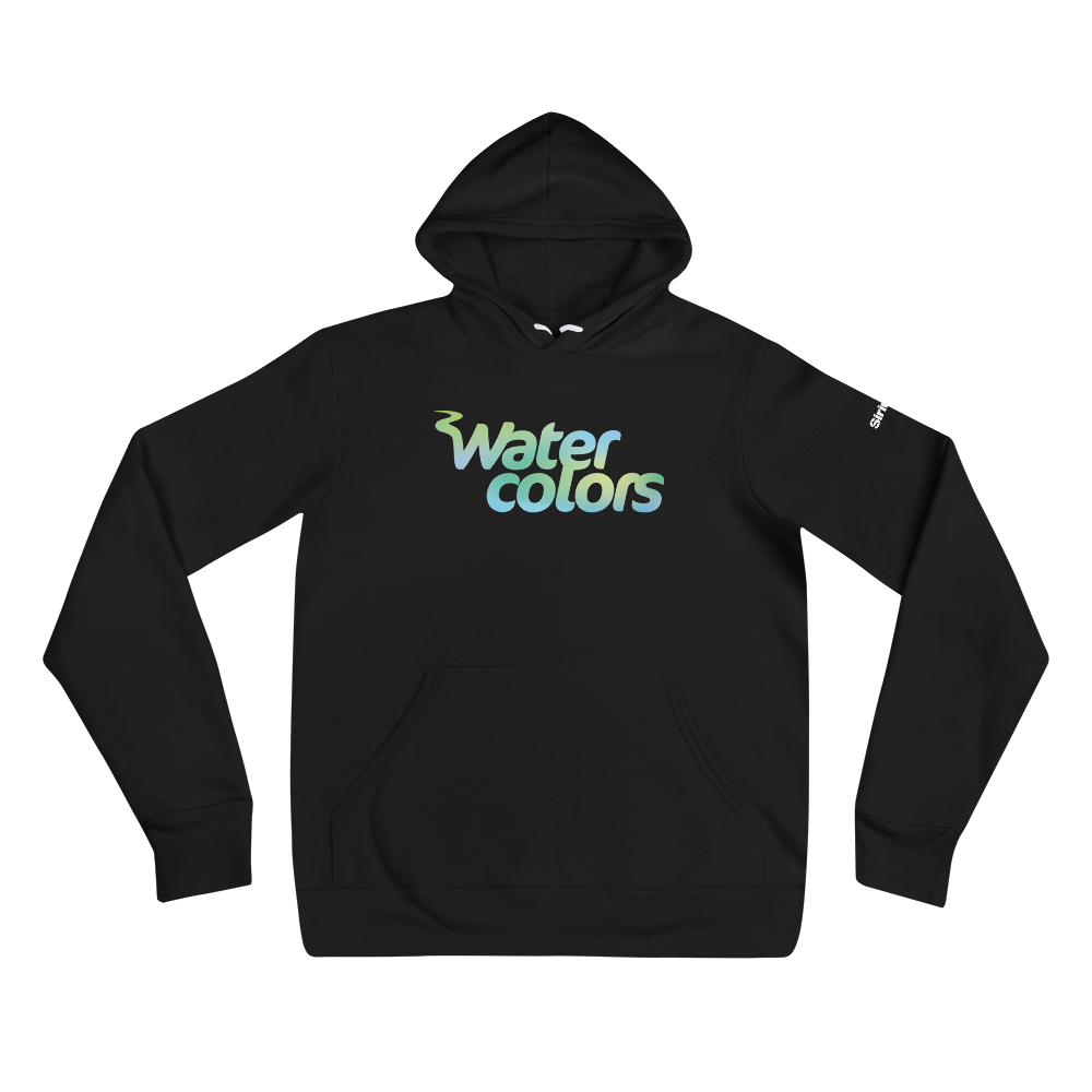 Black hoodie featuring 'Water Colors' logo in green and blue gradient, featuring a front pocket and drawstring hood.