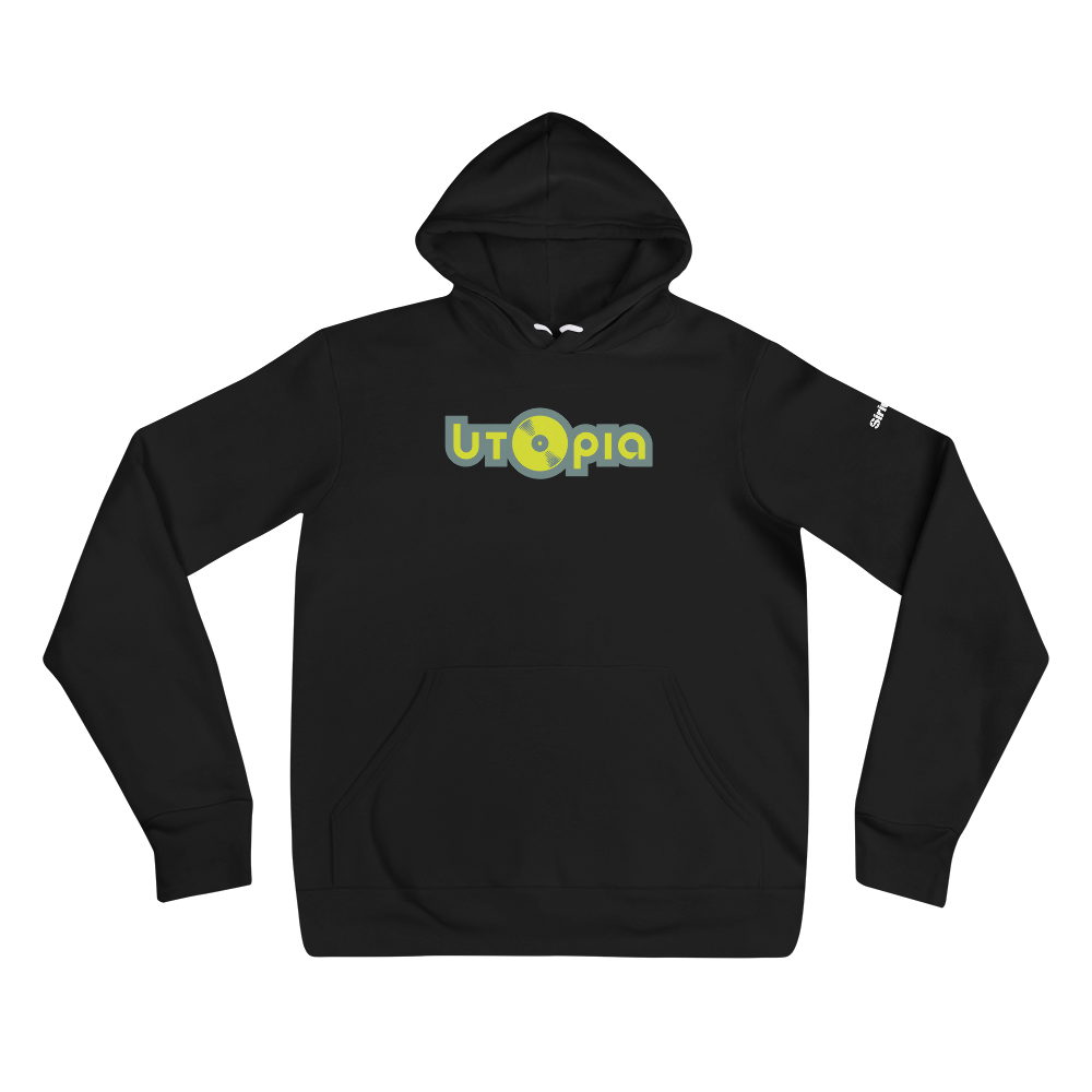 Black hoodie featuring a vibrant 'Utopia' logo in green and yellow.