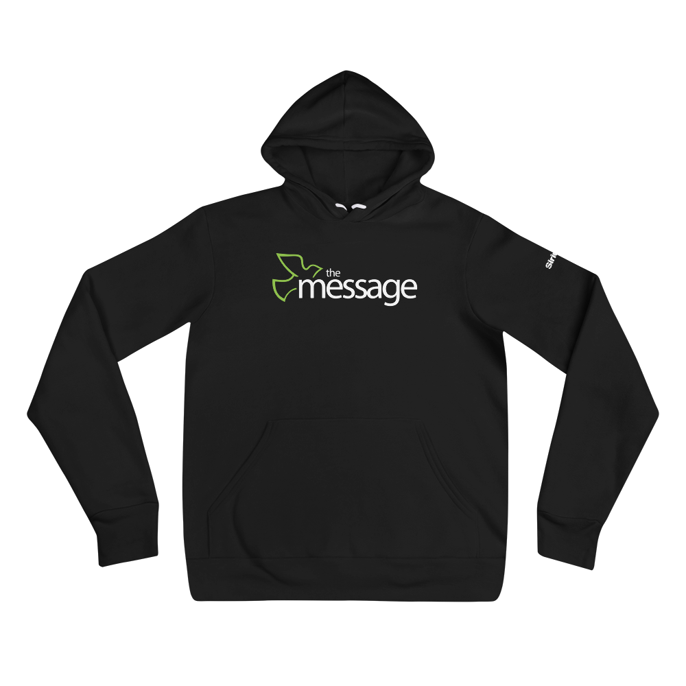 Black hoodie with 'the message' logo in white and green bird on the front.