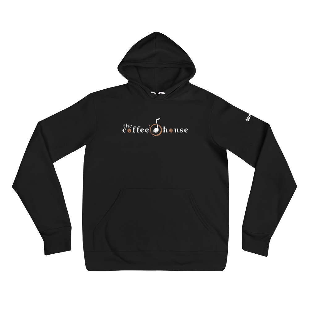 Black hoodie with 'the coffee house' logo featuring a musical note and a coffee cup design.