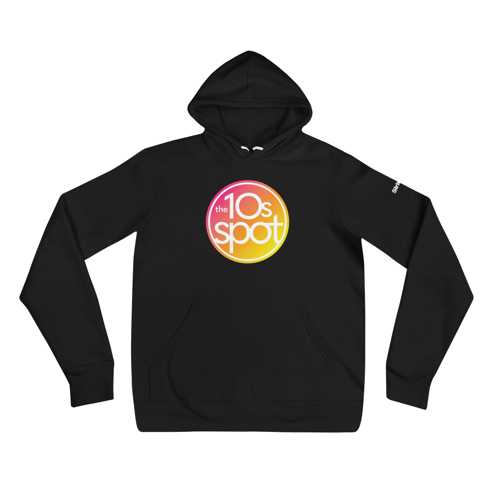 Black hoodie featuring the 'the 10s spot' logo in pink to yellow gradient colors.