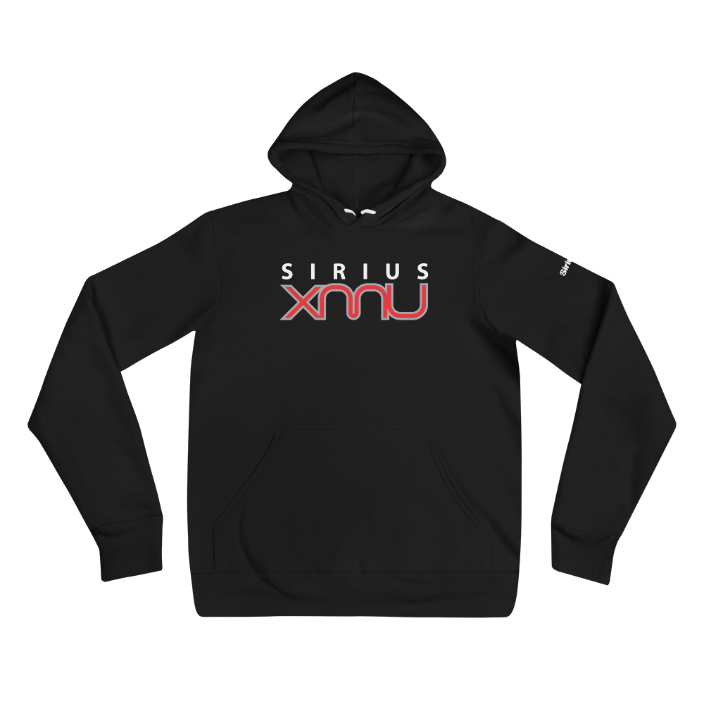 Black hoodie with 'SIRIUS XMU' logo in red and white on the front and a small 'SIRIUSXM' logo on the sleeve.