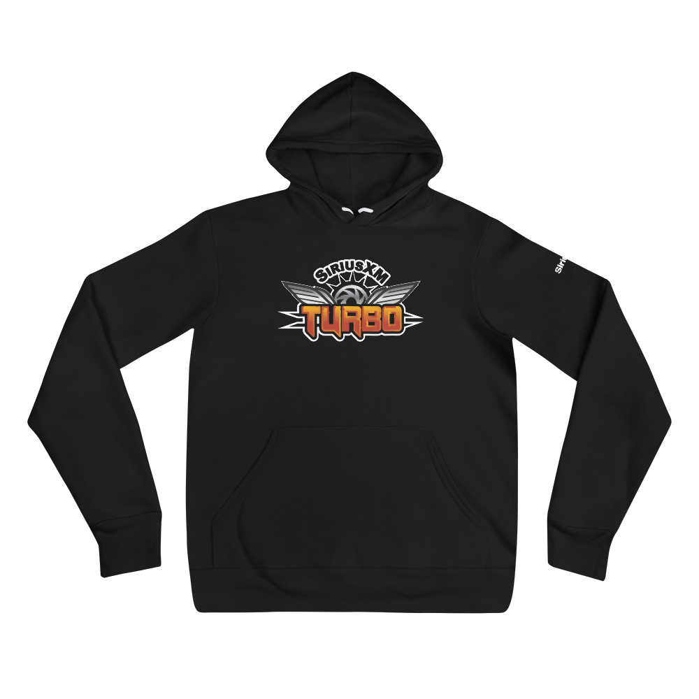 Black hoodie featuring 'SIRIUSXM TURBO' logo in white and orange with wings design on the front.
