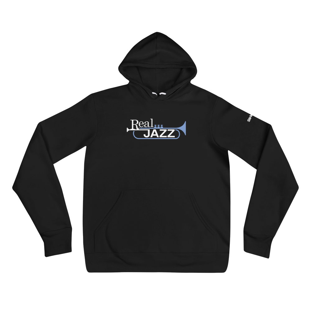 Black hoodie with 'Real JAZZ' text in white and light blue and trumpet design.