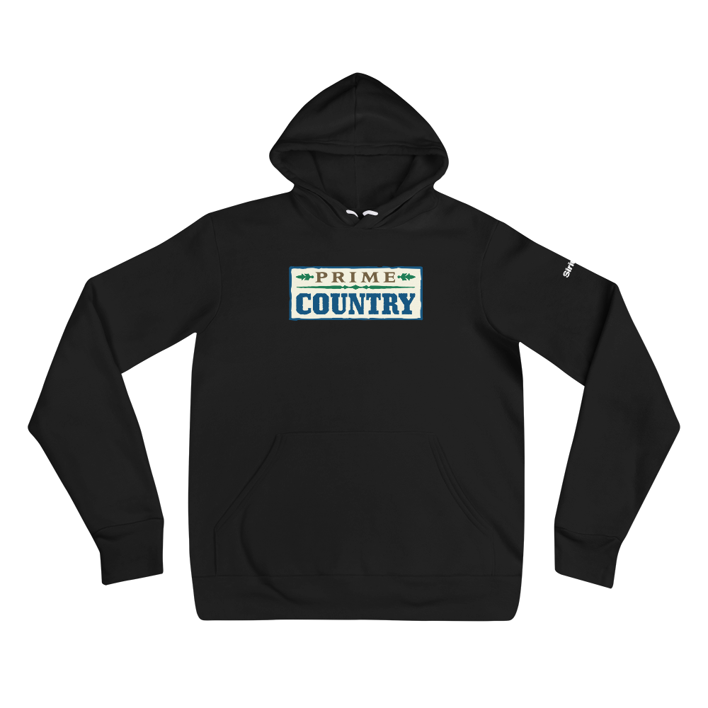 Black hoodie with 'PRIME COUNTRY' graphic in white, brown, green and blue on the front.